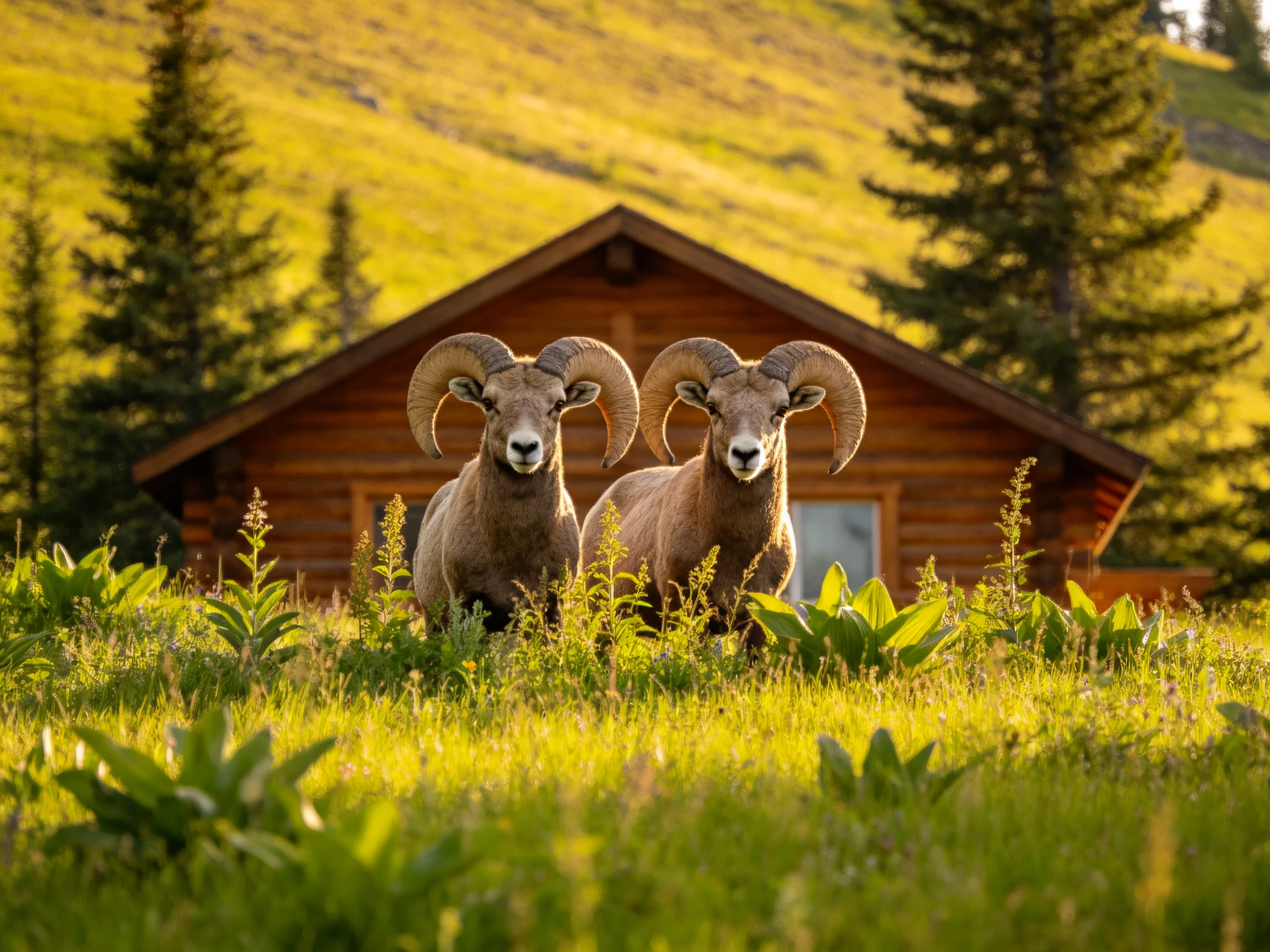 Two large-horned sheep beside a rustic log cabin in sun-drenched meadow