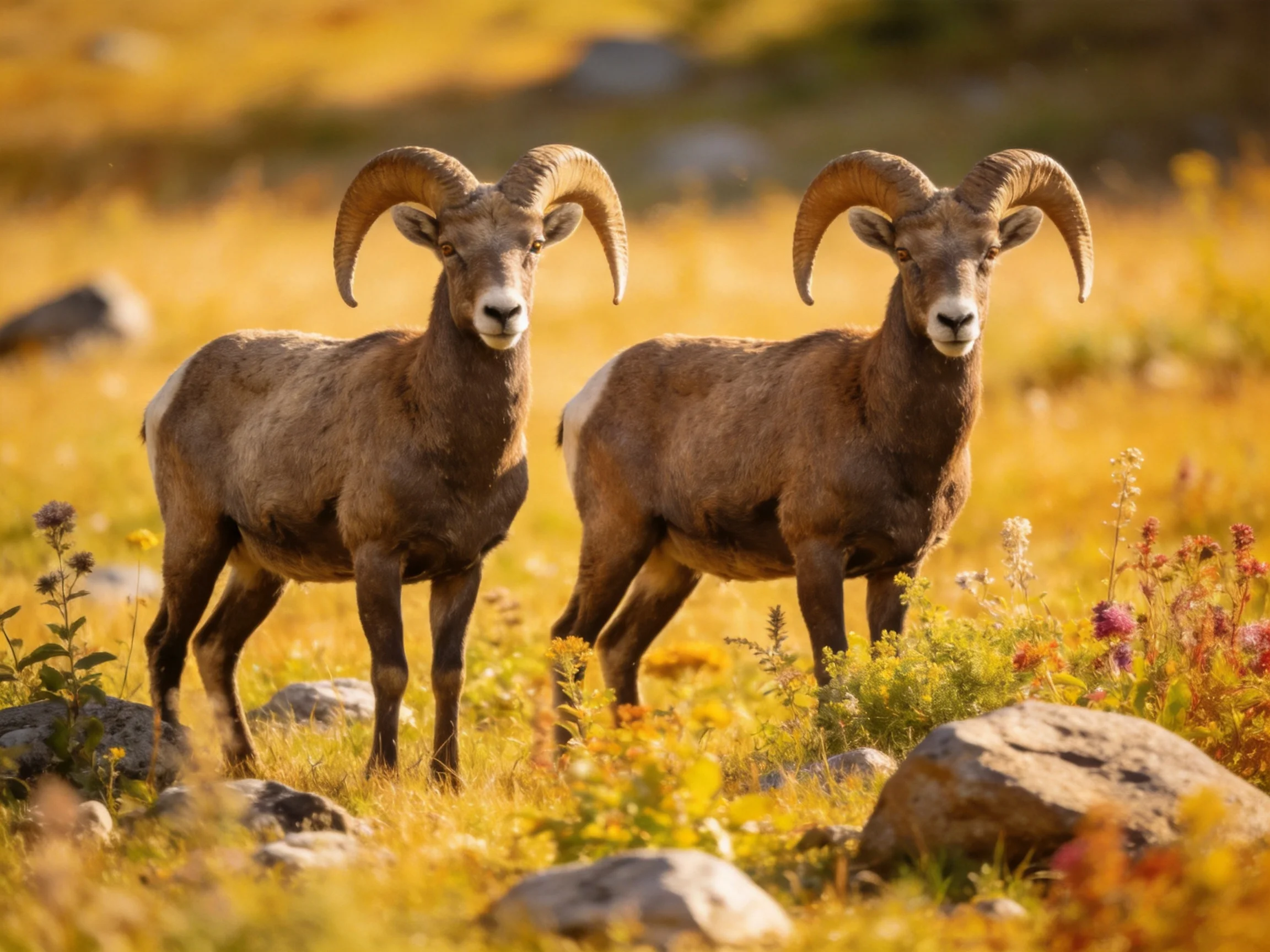 Two large horned sheep in a golden wildflower meadow