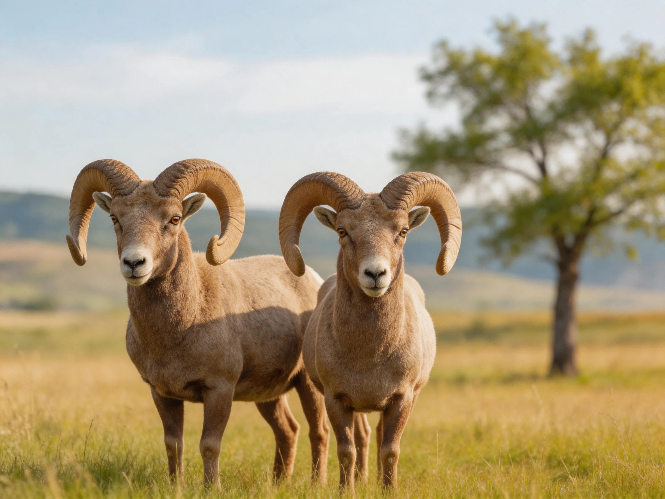 Two light brown bighorn rams stand in a golden meadow near a green tree