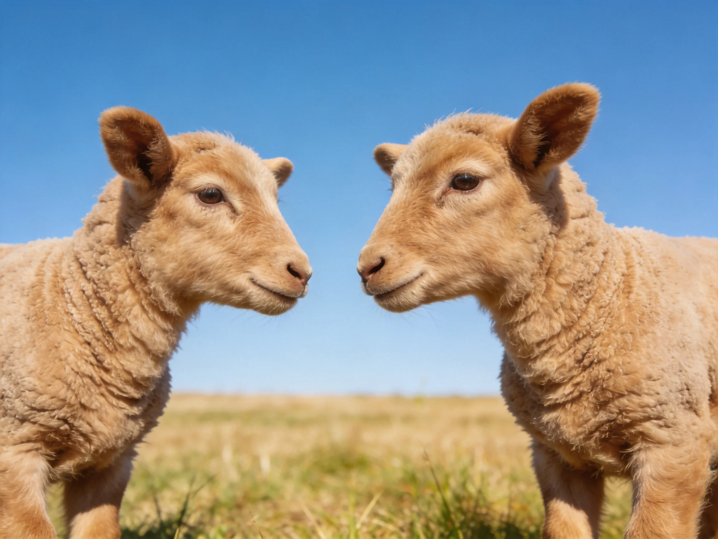 Two light brown lambs face each other in a sunny meadow