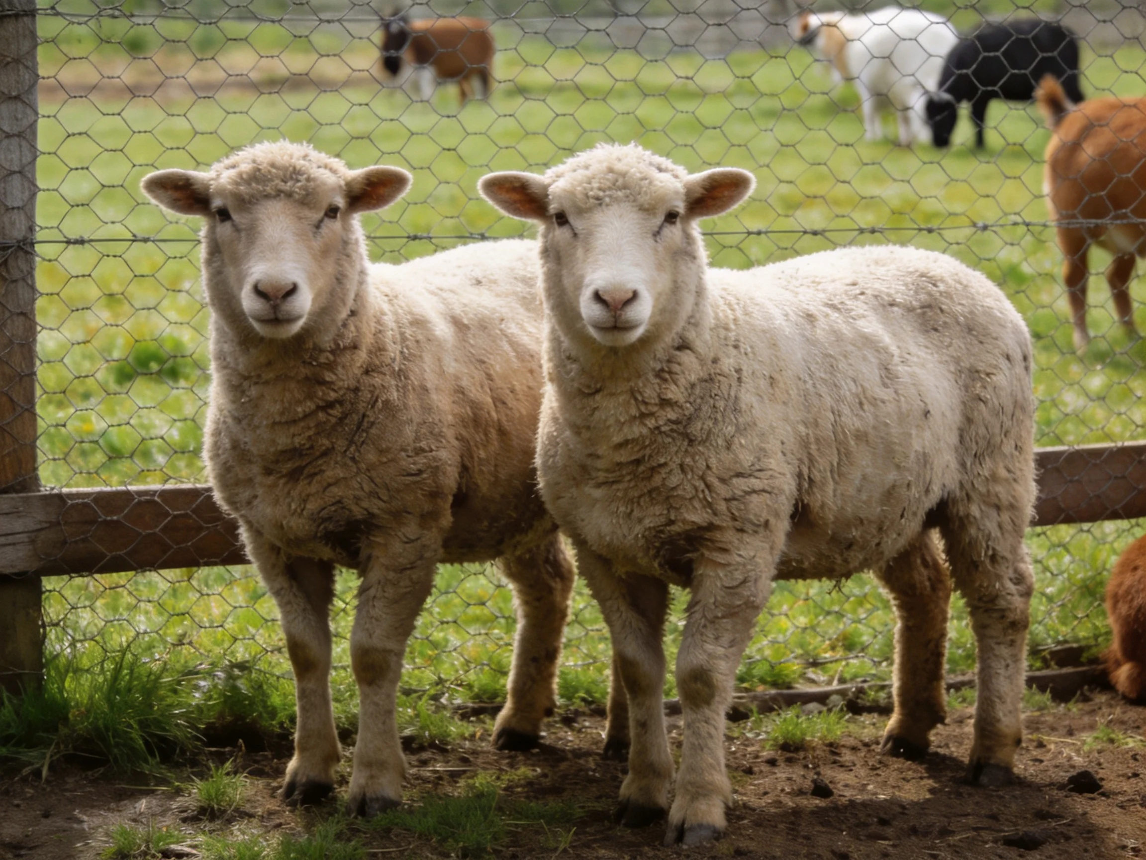 Two light-colored sheep stand by a wire fence with farm animals in the distance.
