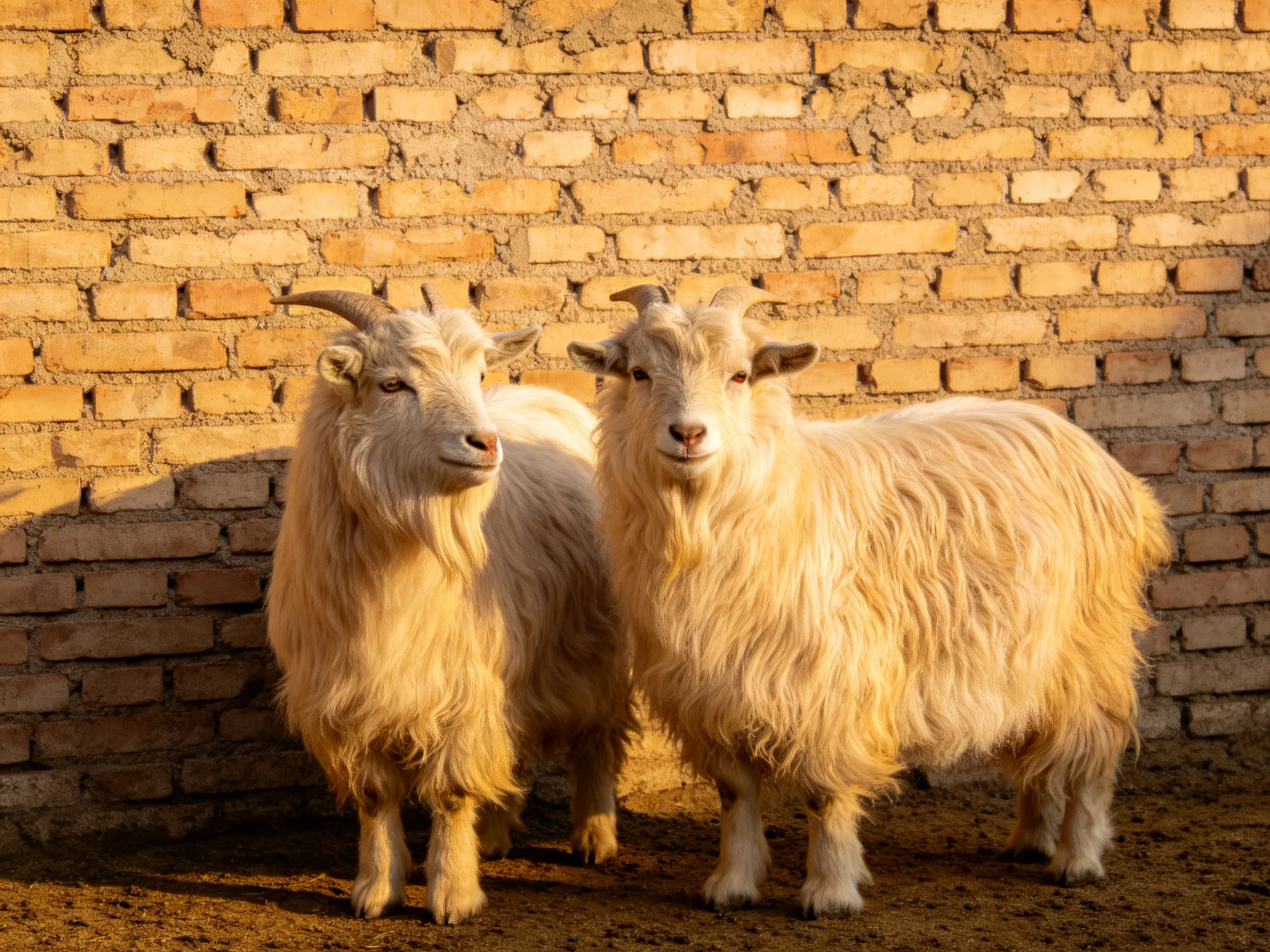 Two long-haired goats stand before a golden-hued brick wall