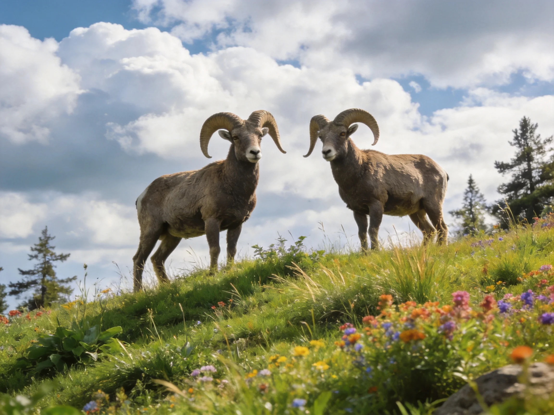 Two mature bighorn rams stand on a flowered mountain slope under blue sky