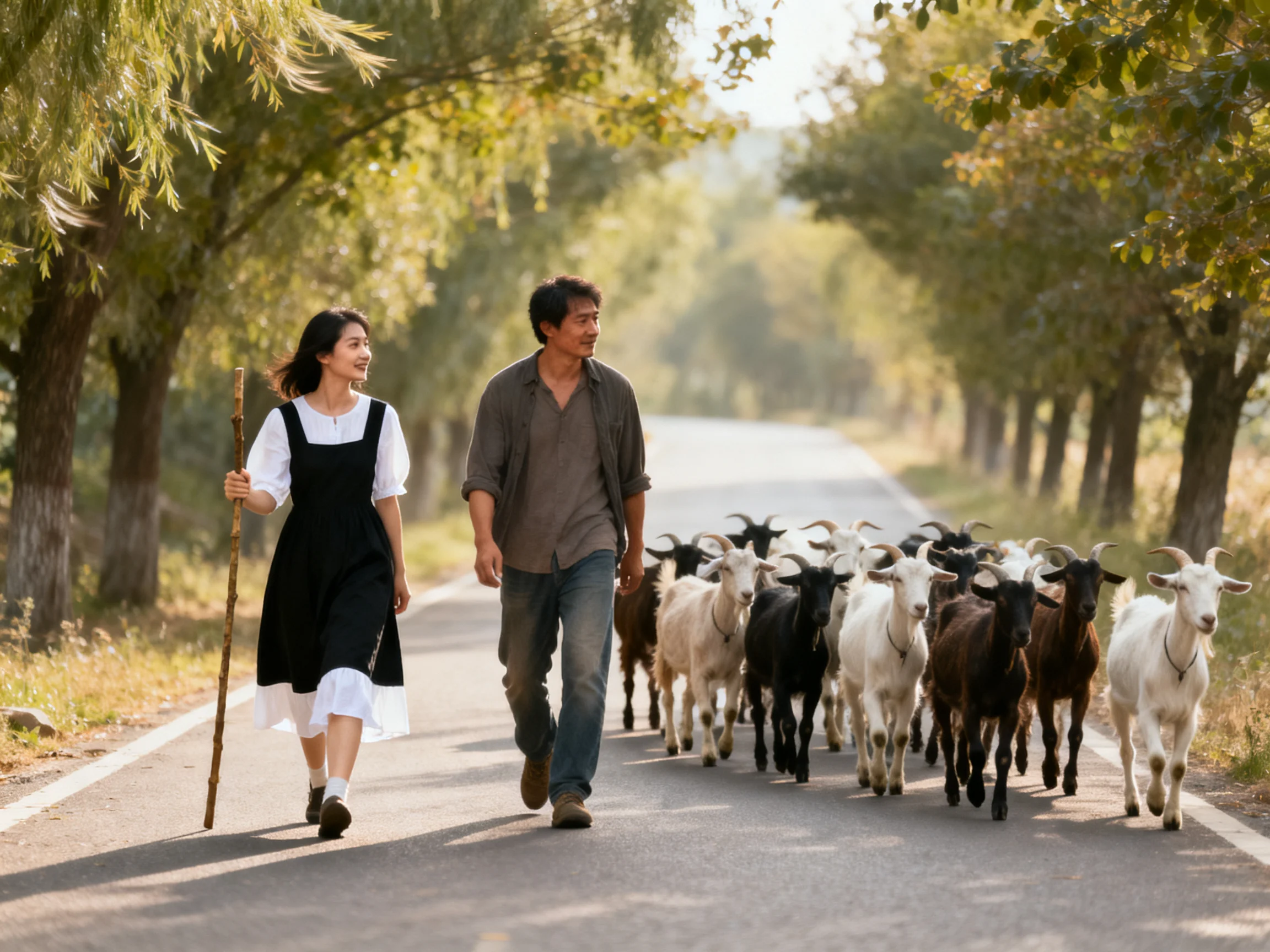 Two people herding goats along a tree-lined country road