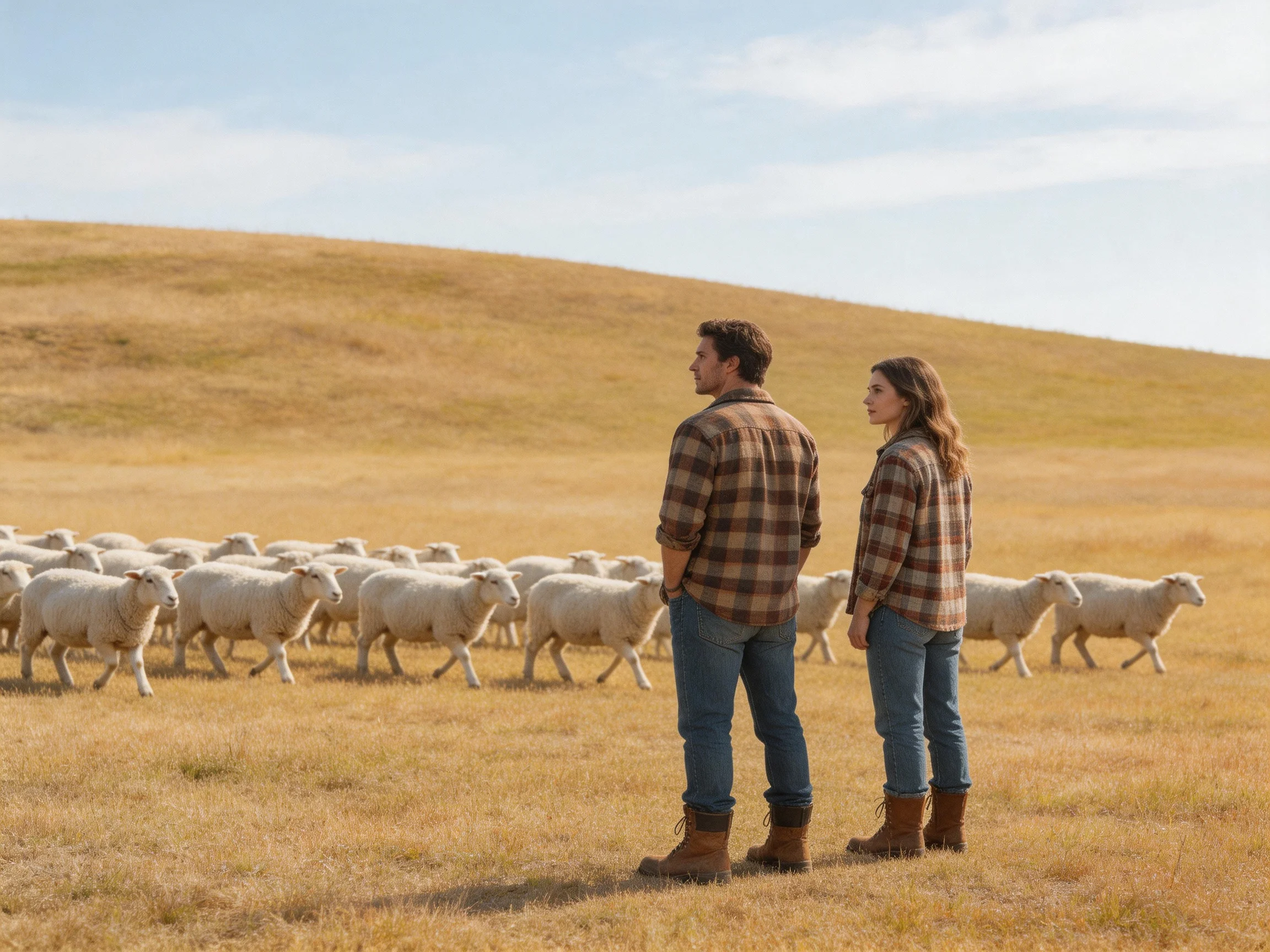 Two people in plaid shirts herding sheep across golden hills