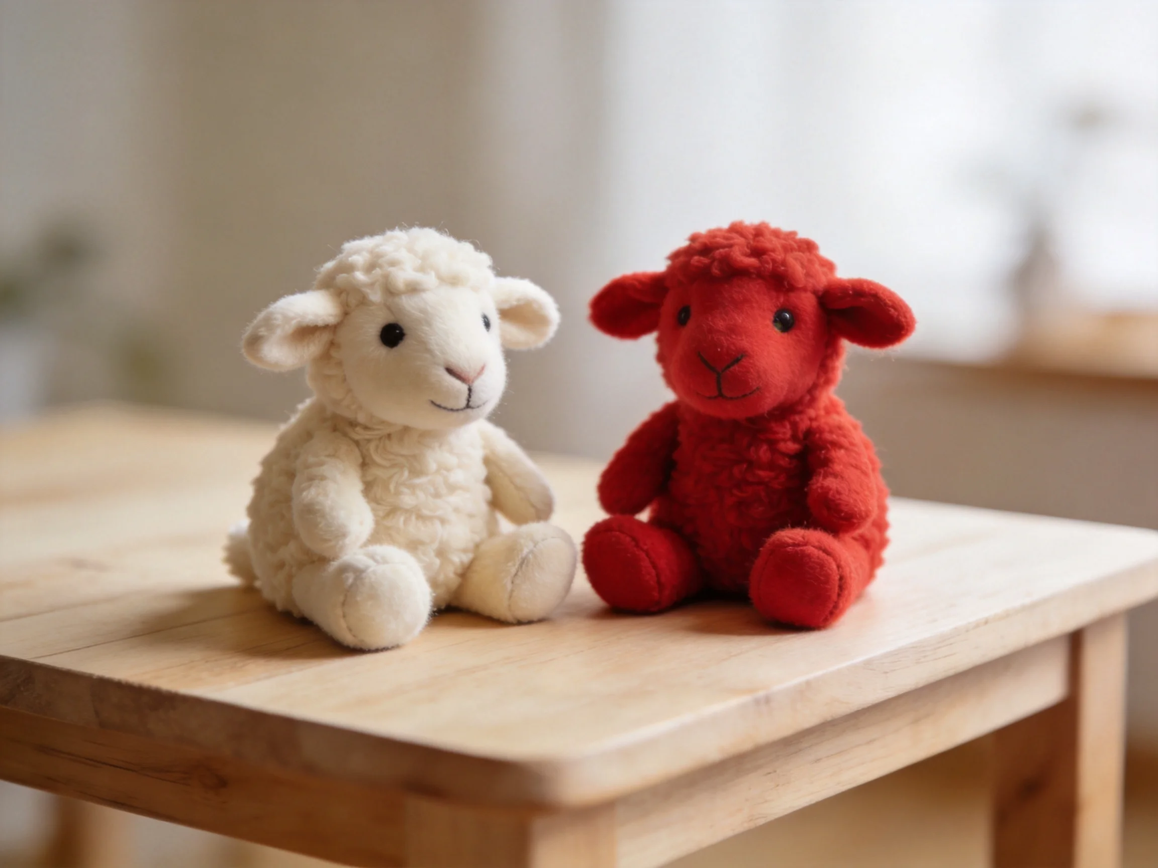 Two plush lambs, one cream - colored, one red, sit on a wooden table