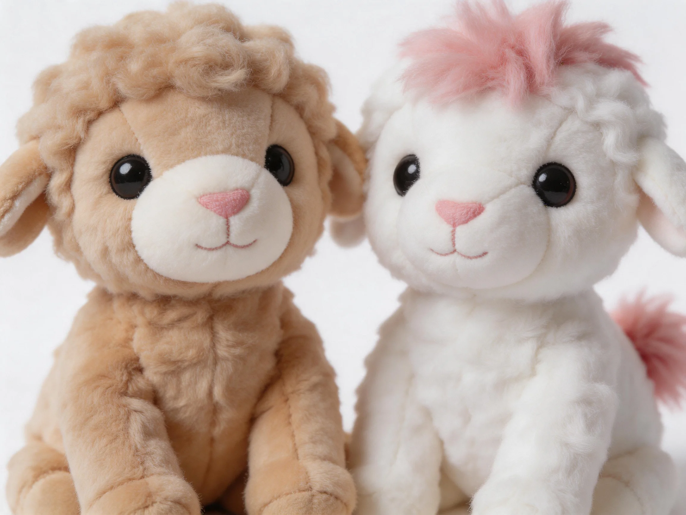 Two plush lambs, one tan and one white with pink details