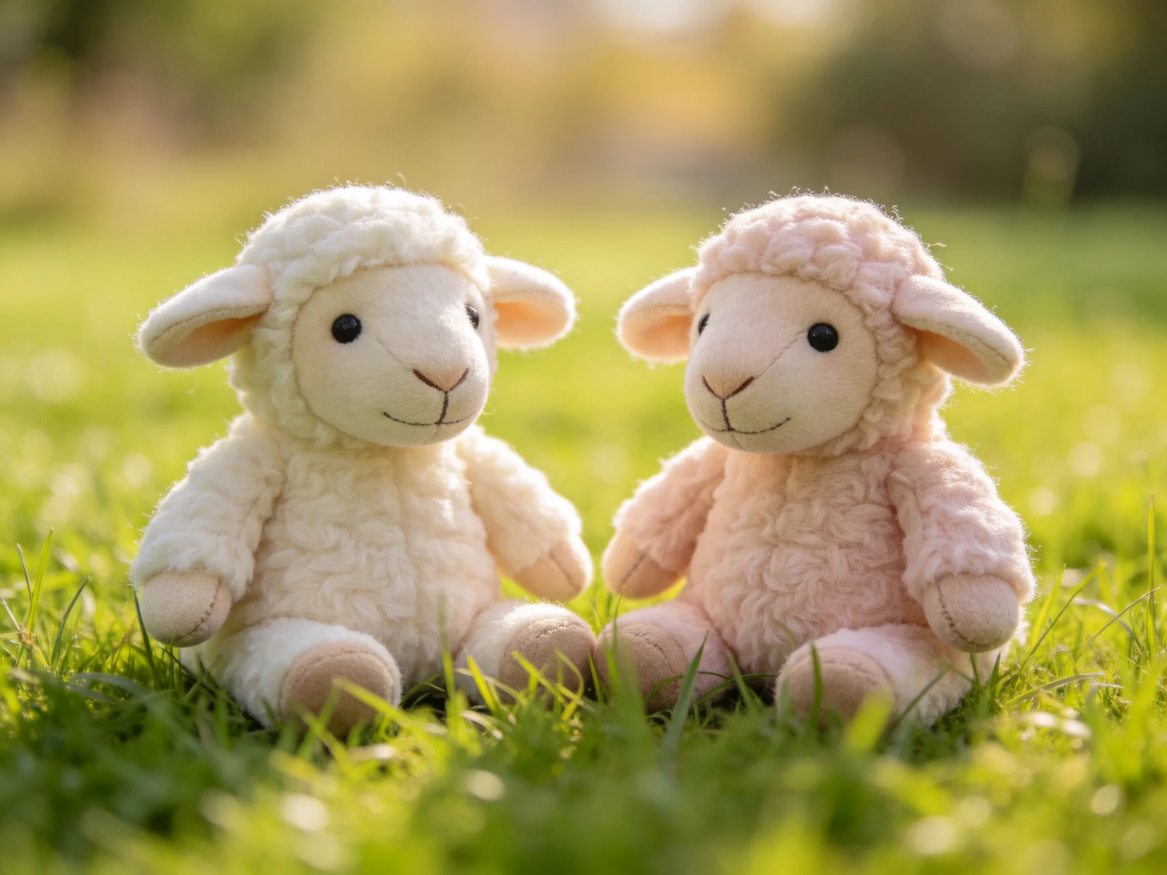 Two plush lambs, one white and one pink, sit on green grass