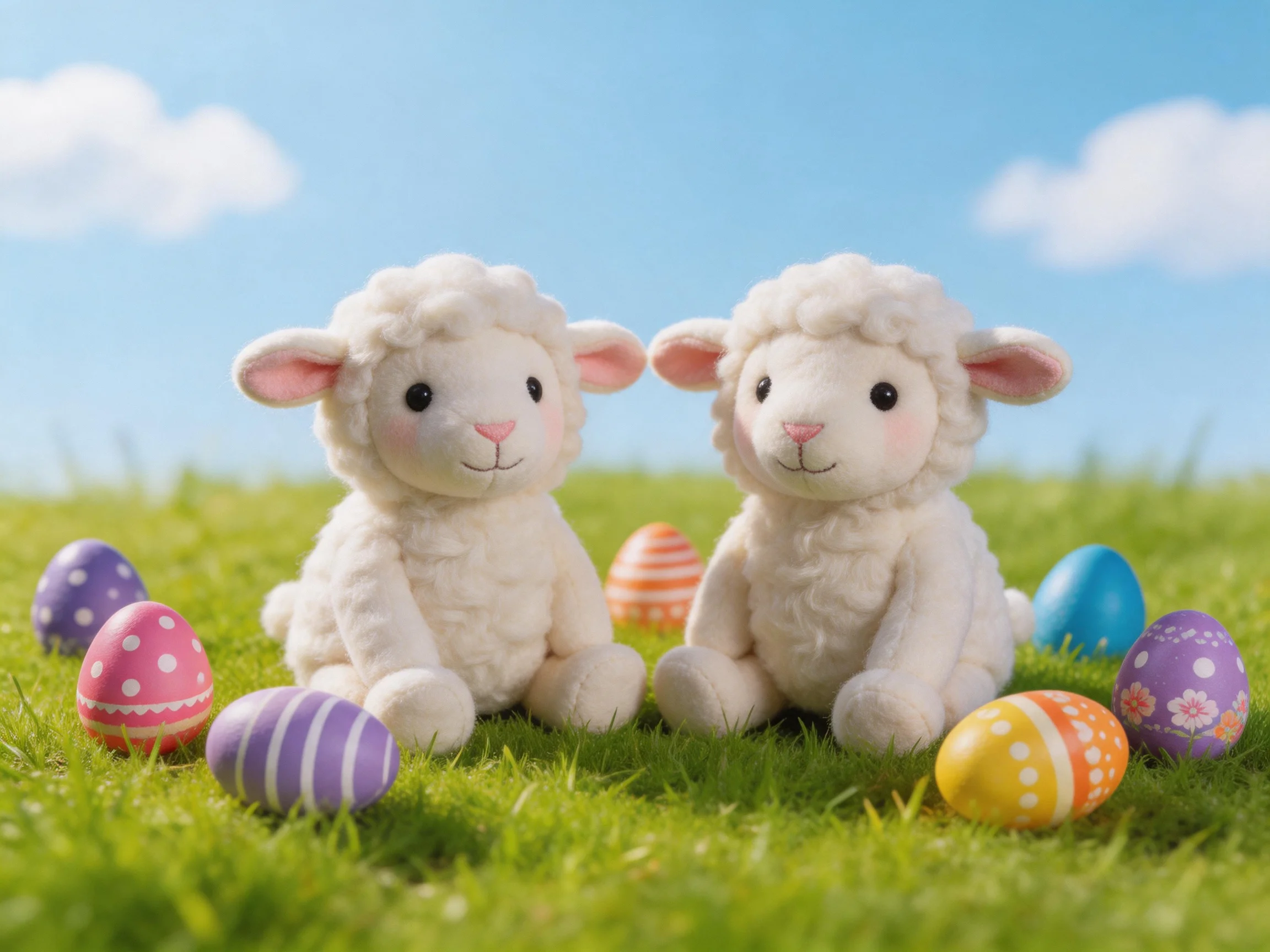 Two plush lambs sit among colorful Easter eggs on green grass