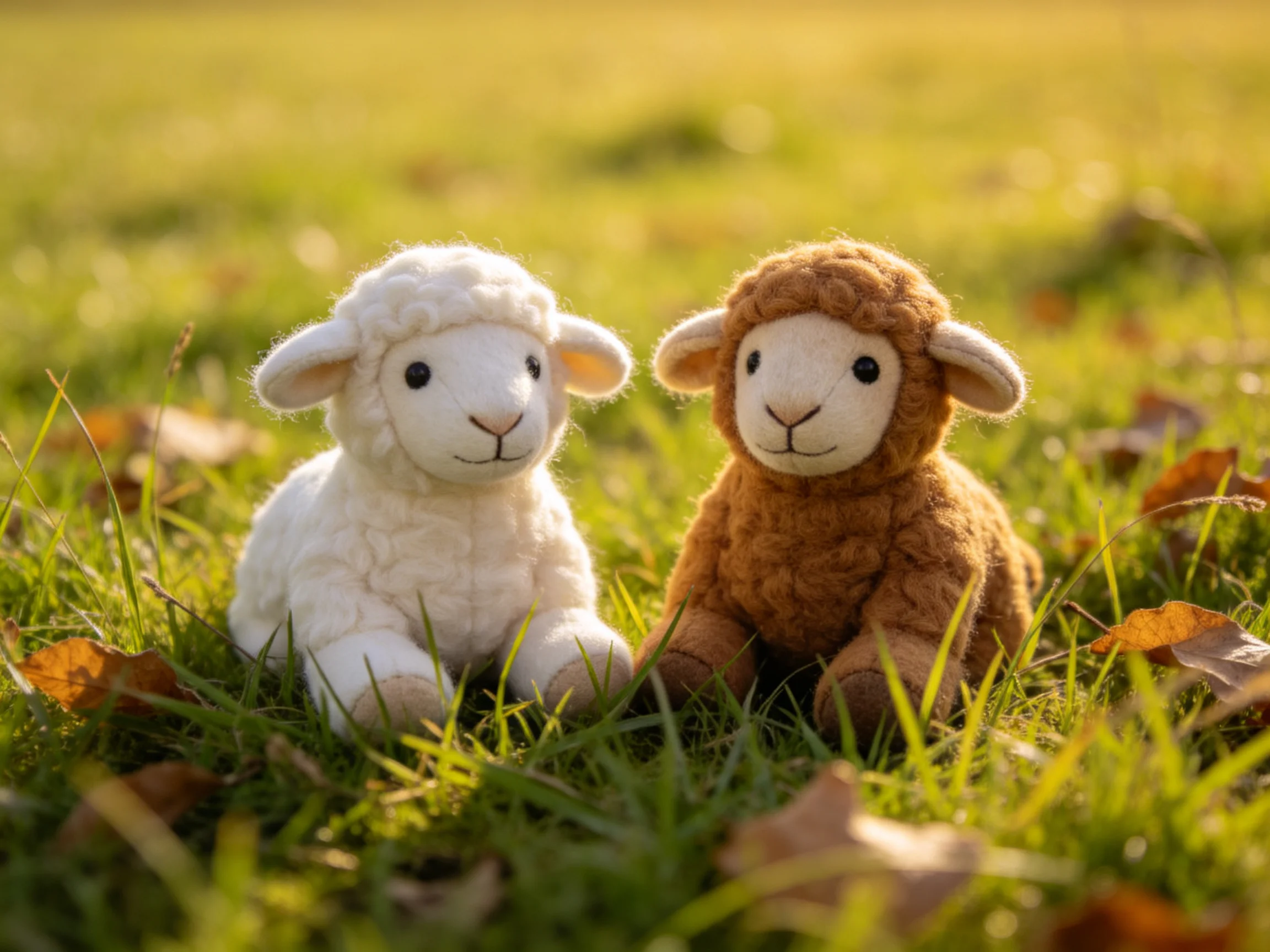 Two plush lambs, white and brown, rest on sunlit grass
