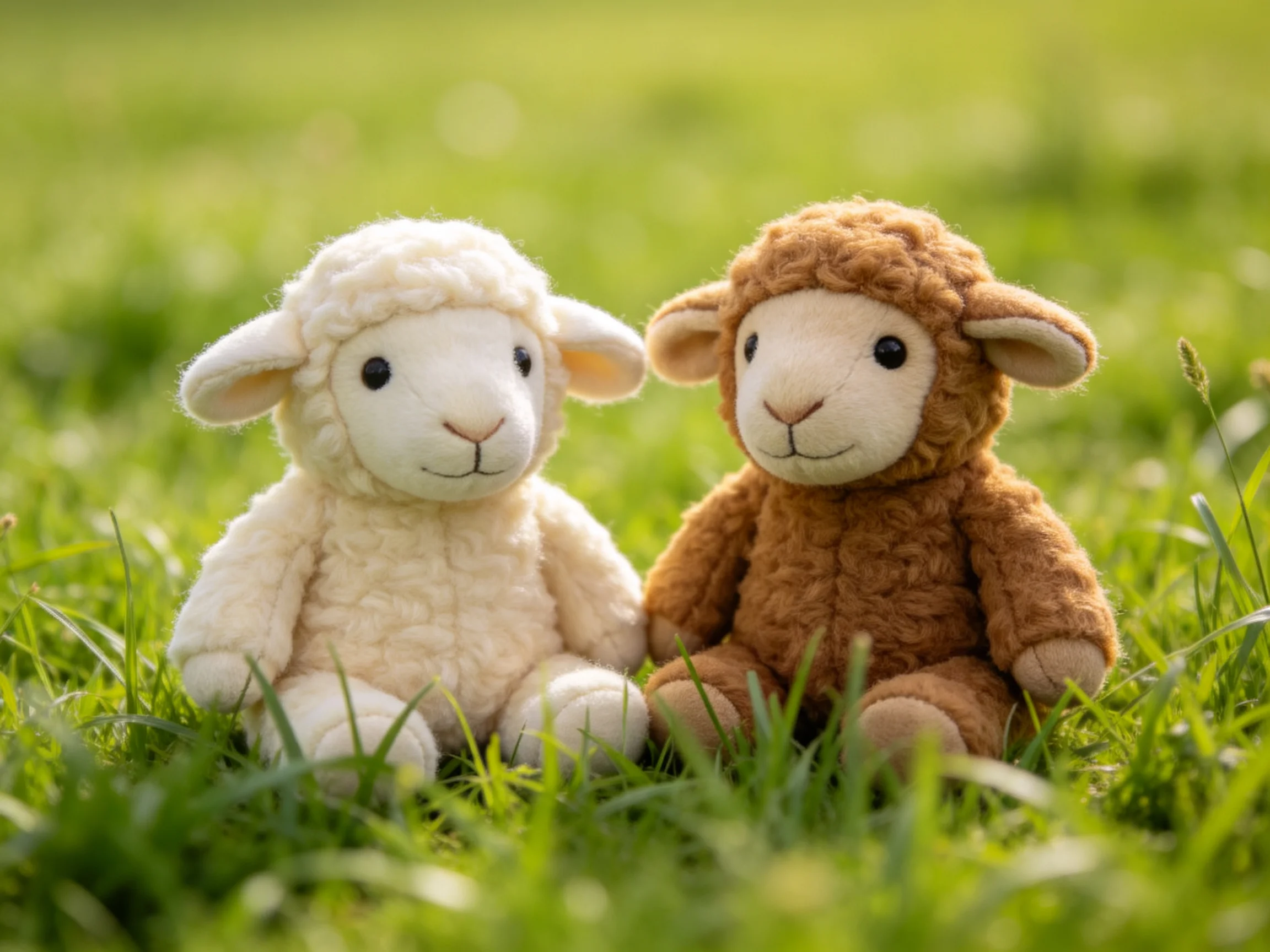 Two plush lambs, white and brown, rest on vibrant green grass