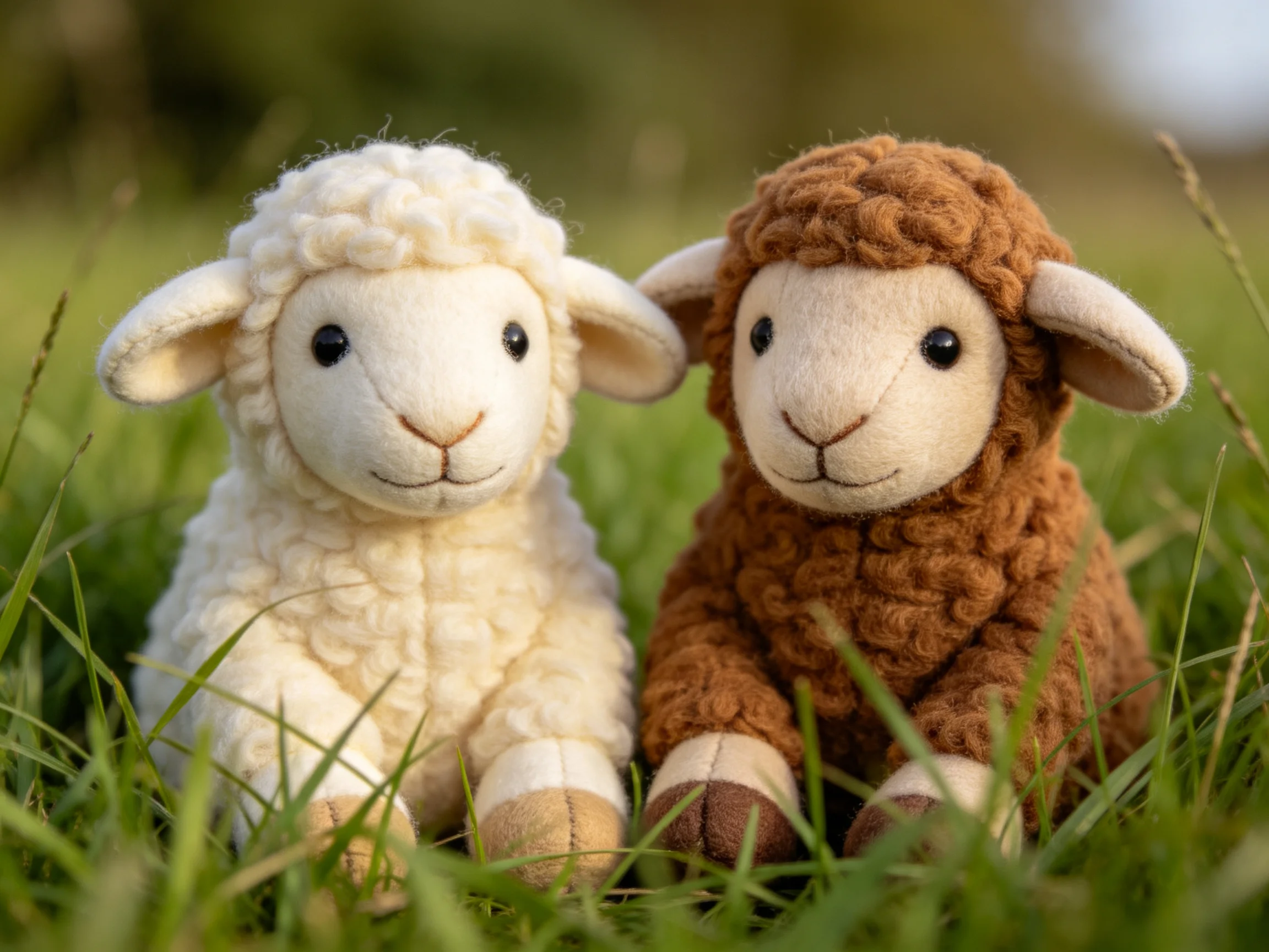 Two plush lambs, white and brown, sitting in green grass