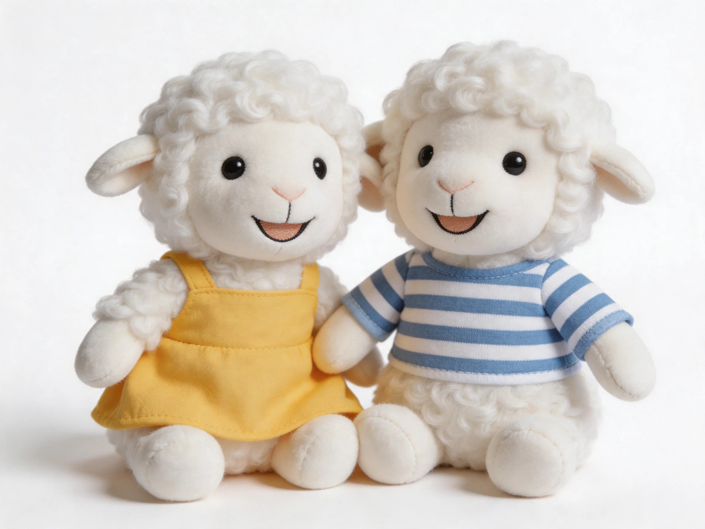 Two plush sheep dolls dressed in yellow and blue