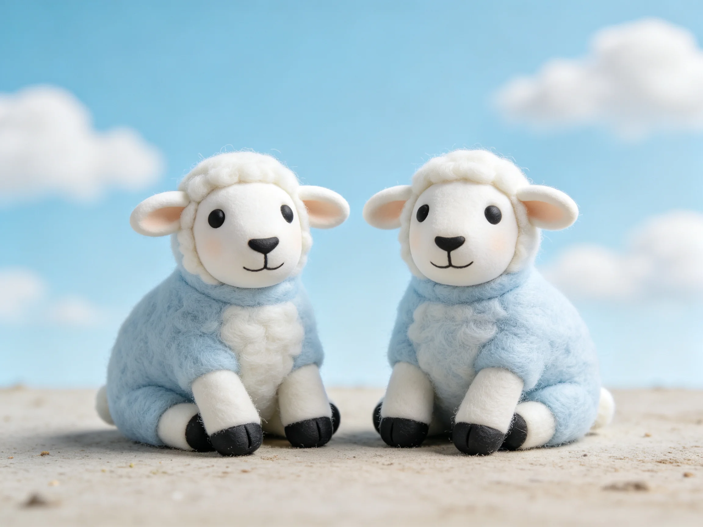 Two plush sheep figurines in light blue outfits near a bright sky