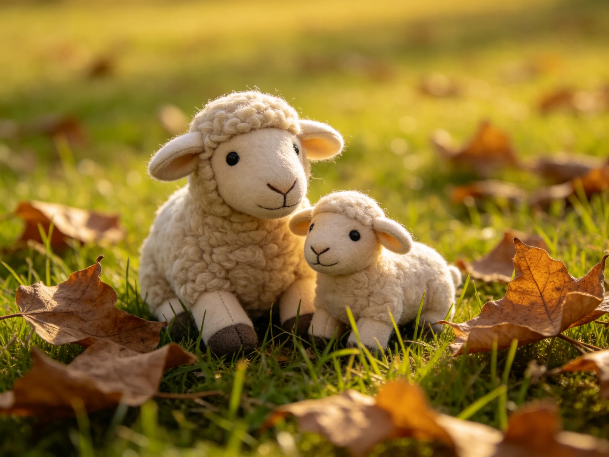 Two plush sheep rest among autumn leaves on sunlit grass