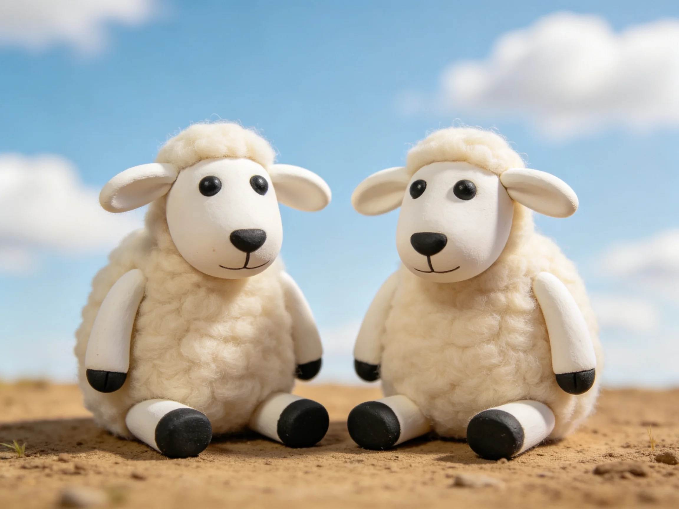 Two plush sheep sit on sandy ground under bright blue sky