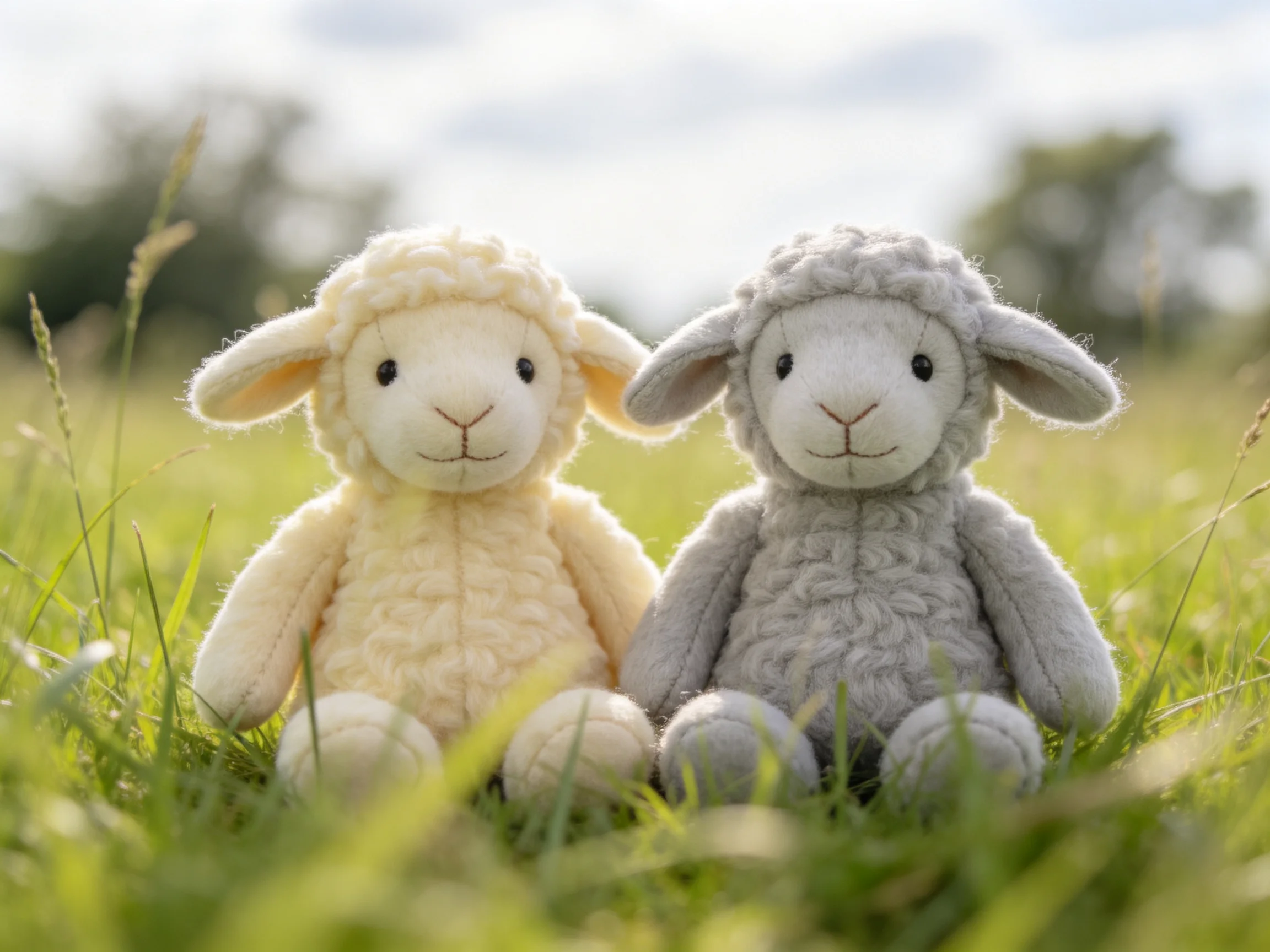 Two plush sheep toys, cream and gray, rest in a sunlit meadow.