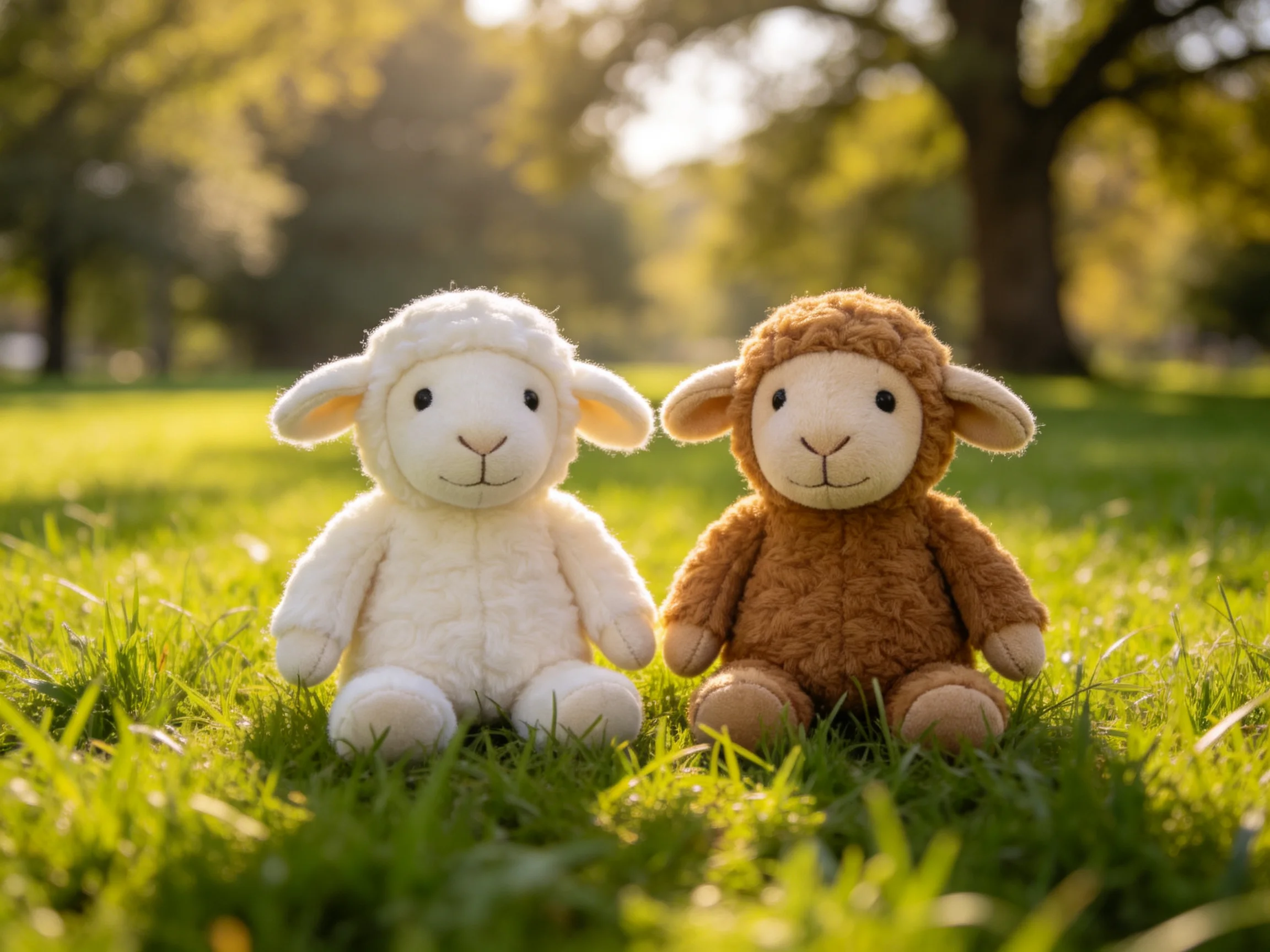 Two plush sheep toys, white and brown, sit on lush green grass