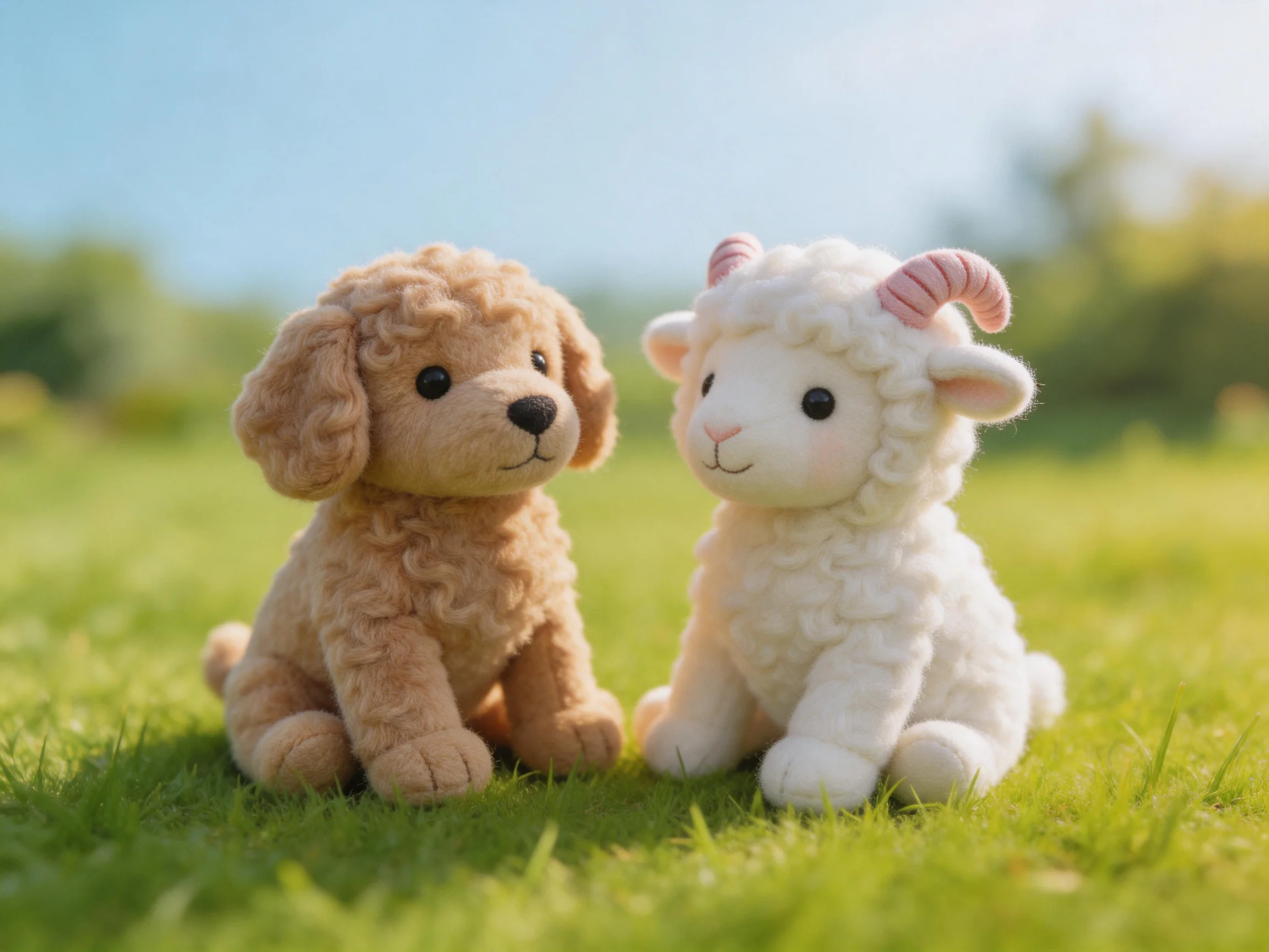 Two plush toys, a brown dog and white sheep, sit on green grass.