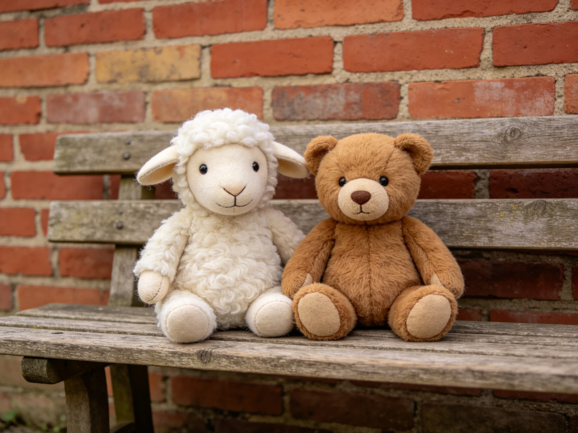 Two plush toys sit on an aged wooden bench near a red brick wall