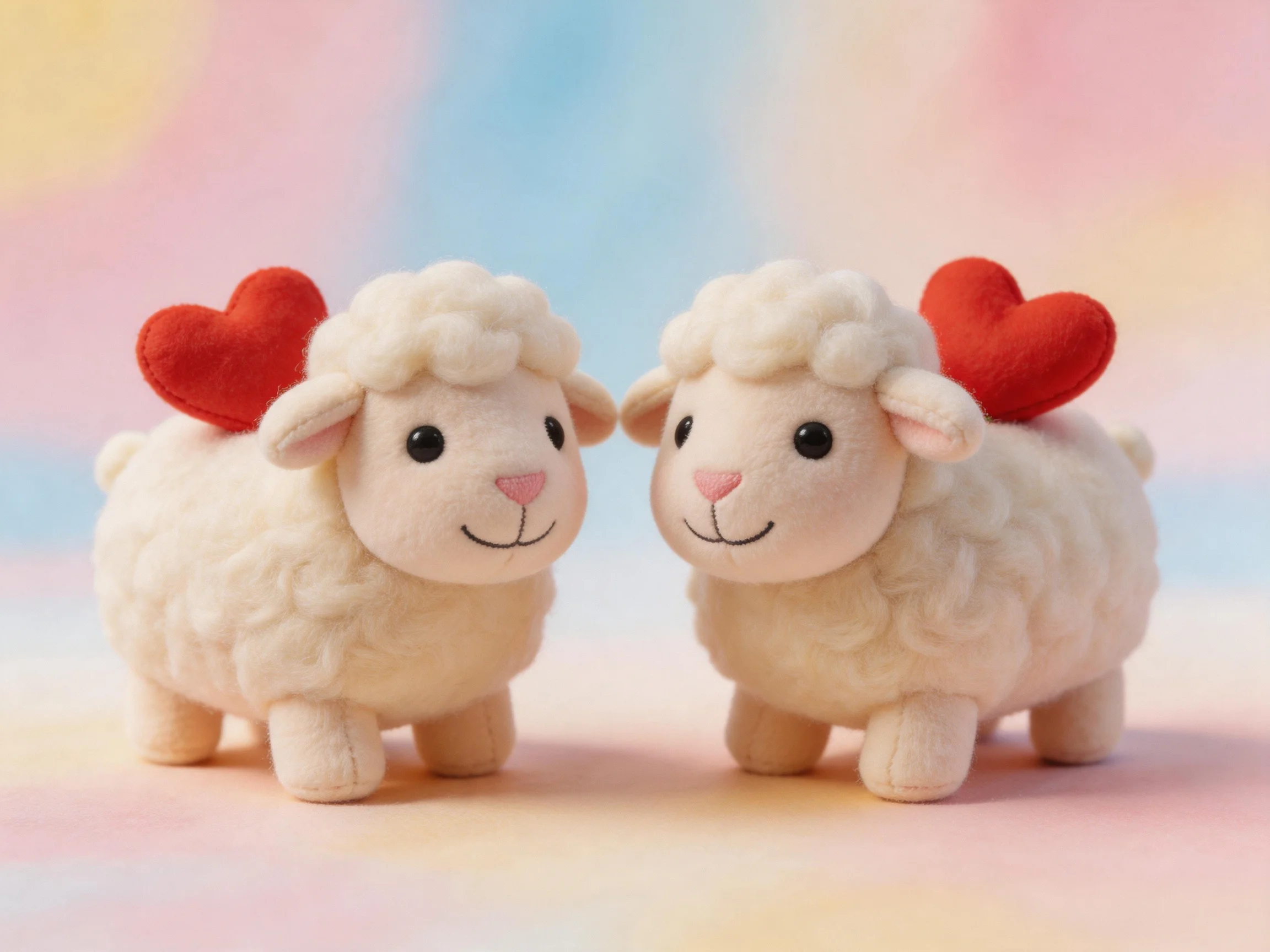 Two plush white sheep toys with red heart accents on a pastel background