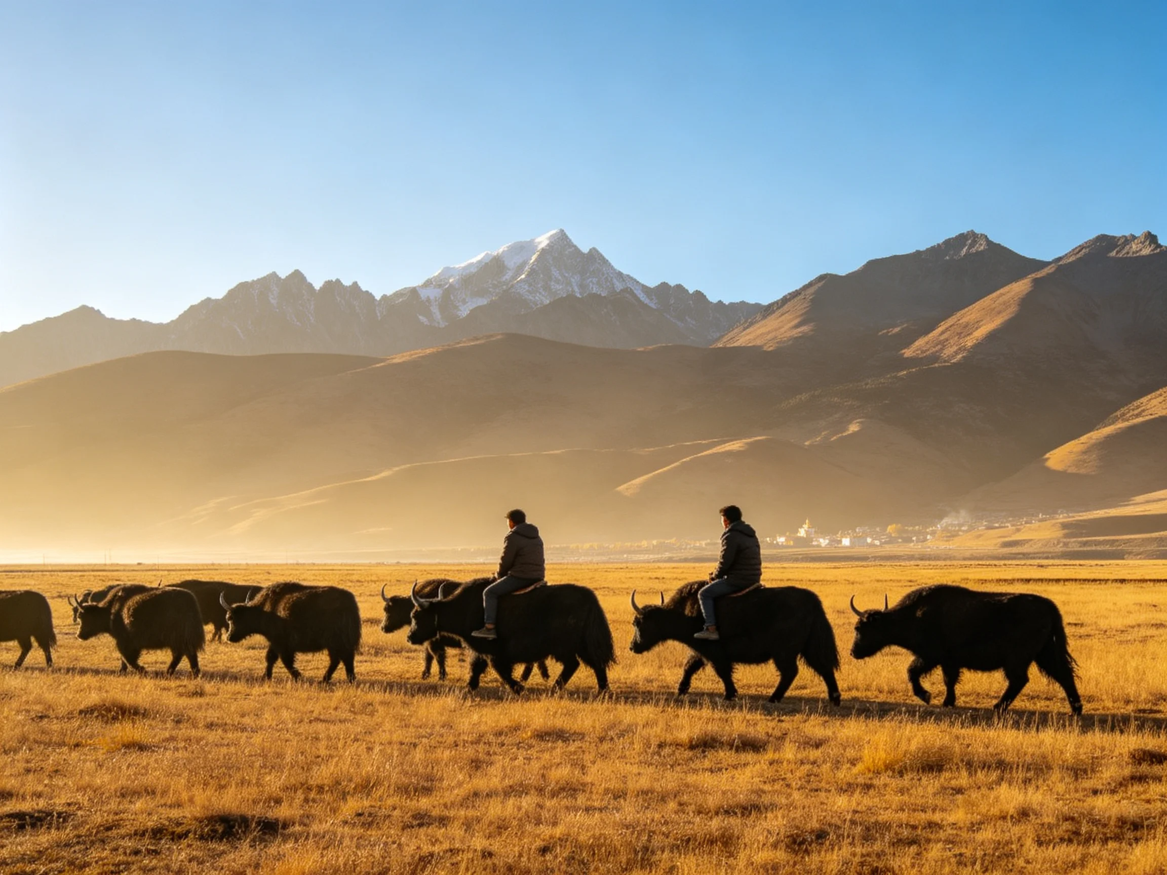 Two riders guide a herd of yaks across golden plains with snow-capped mountains