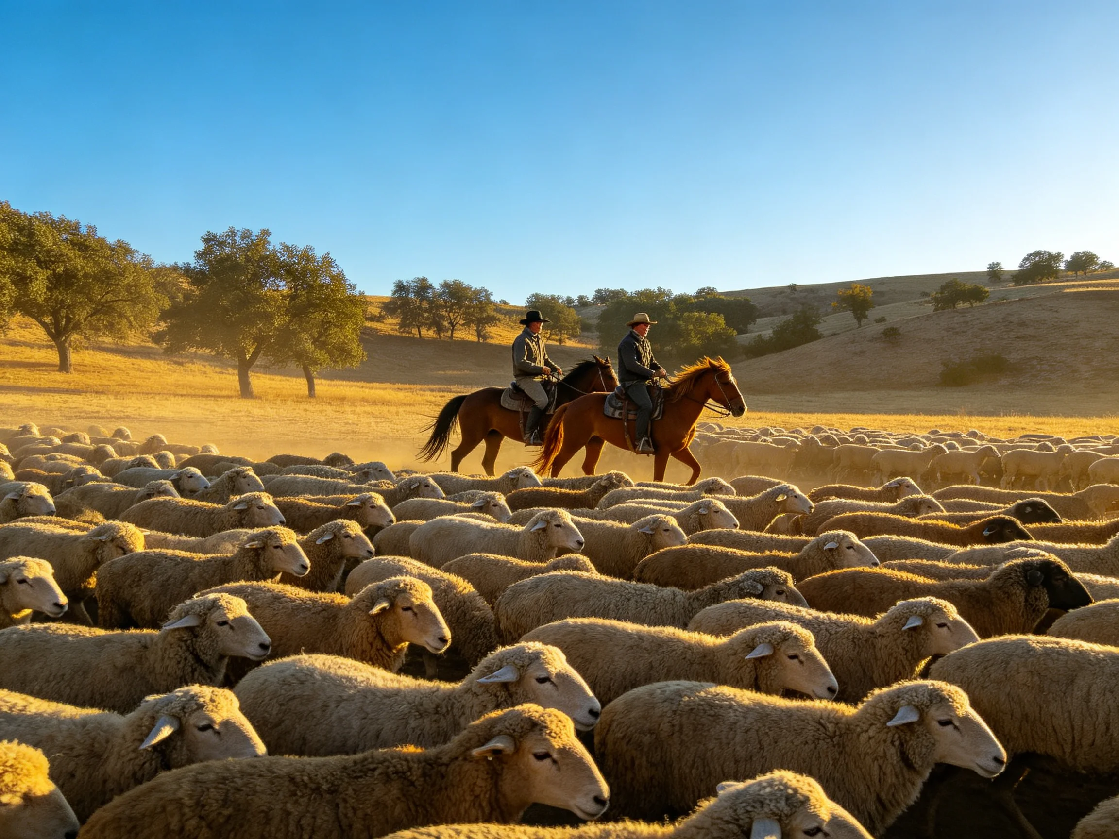 Two riders guide a massive sheep herd through golden countryside