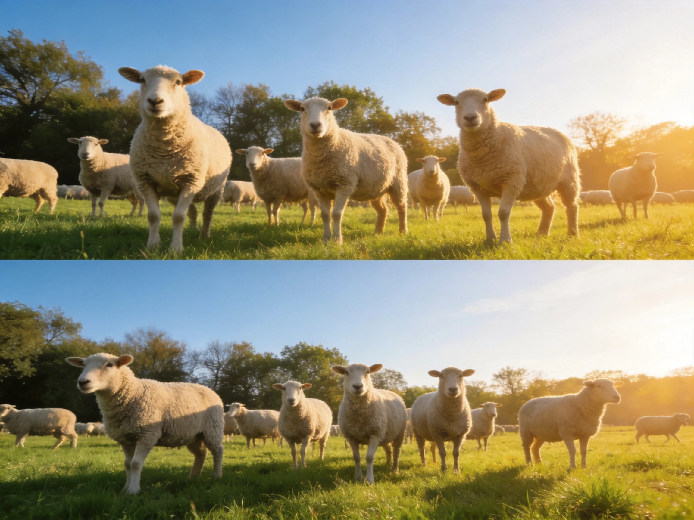 Two images show sheep in a sunlit field.