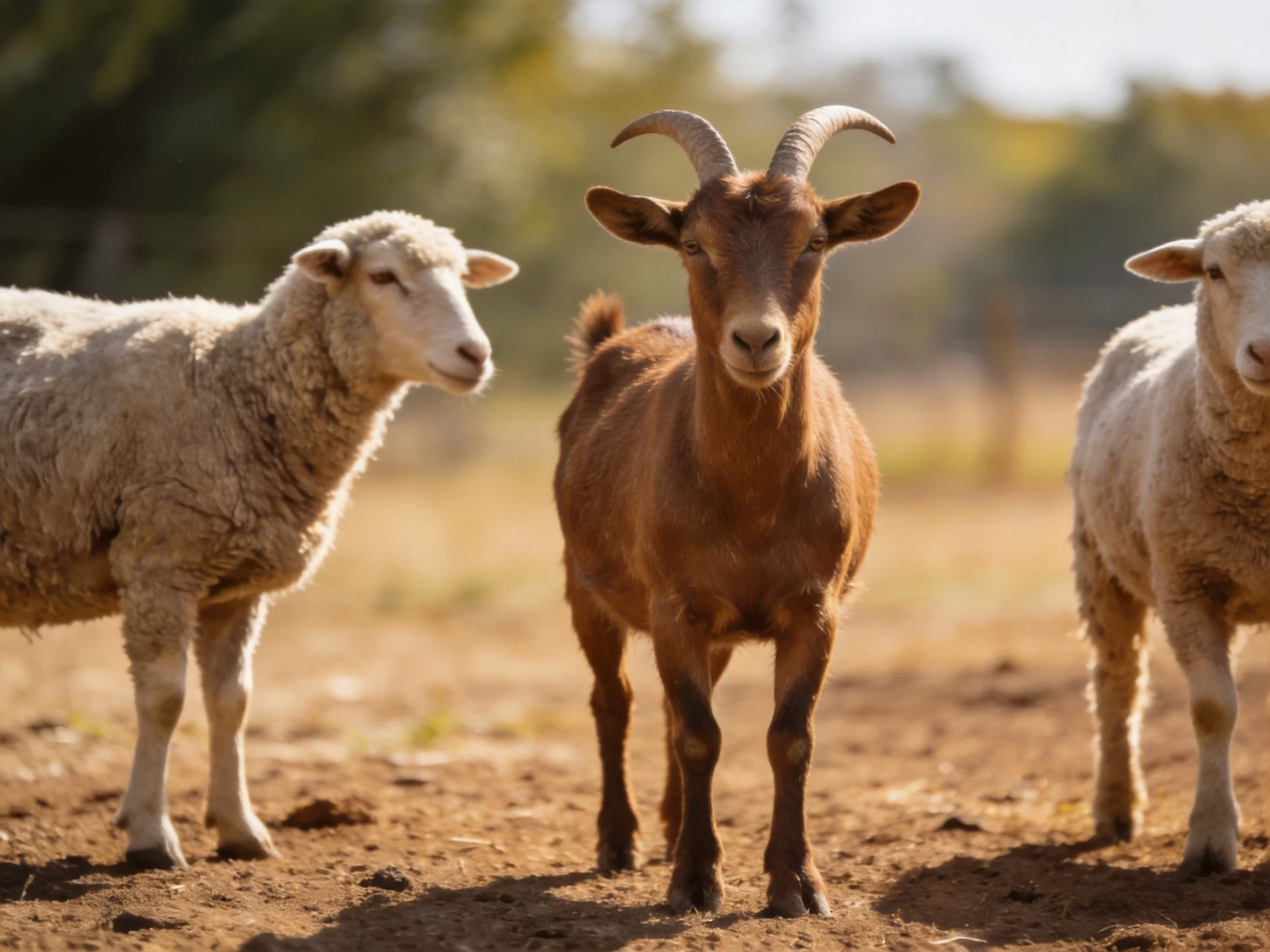 Two sheep and a brown horned goat in a sunlit field