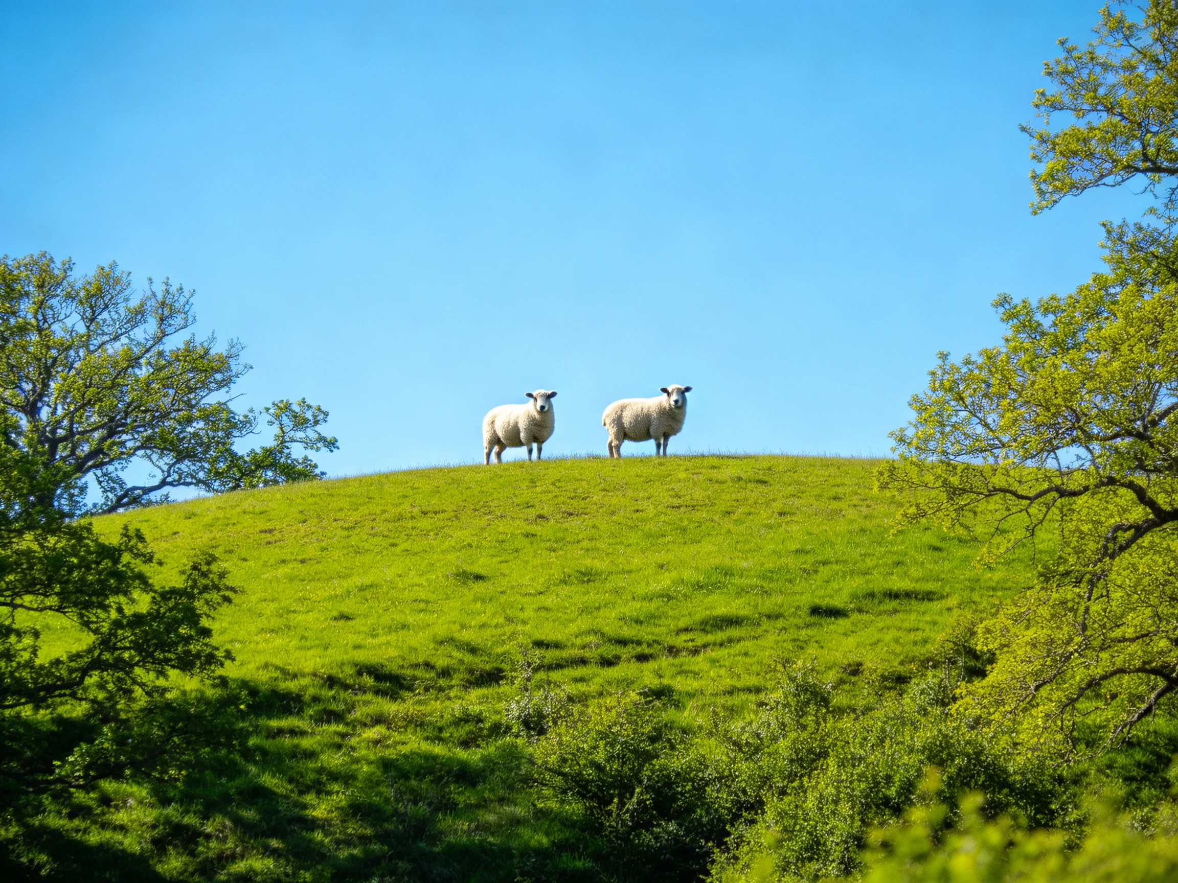 Two sheep atop a lush green hill under a clear blue sky