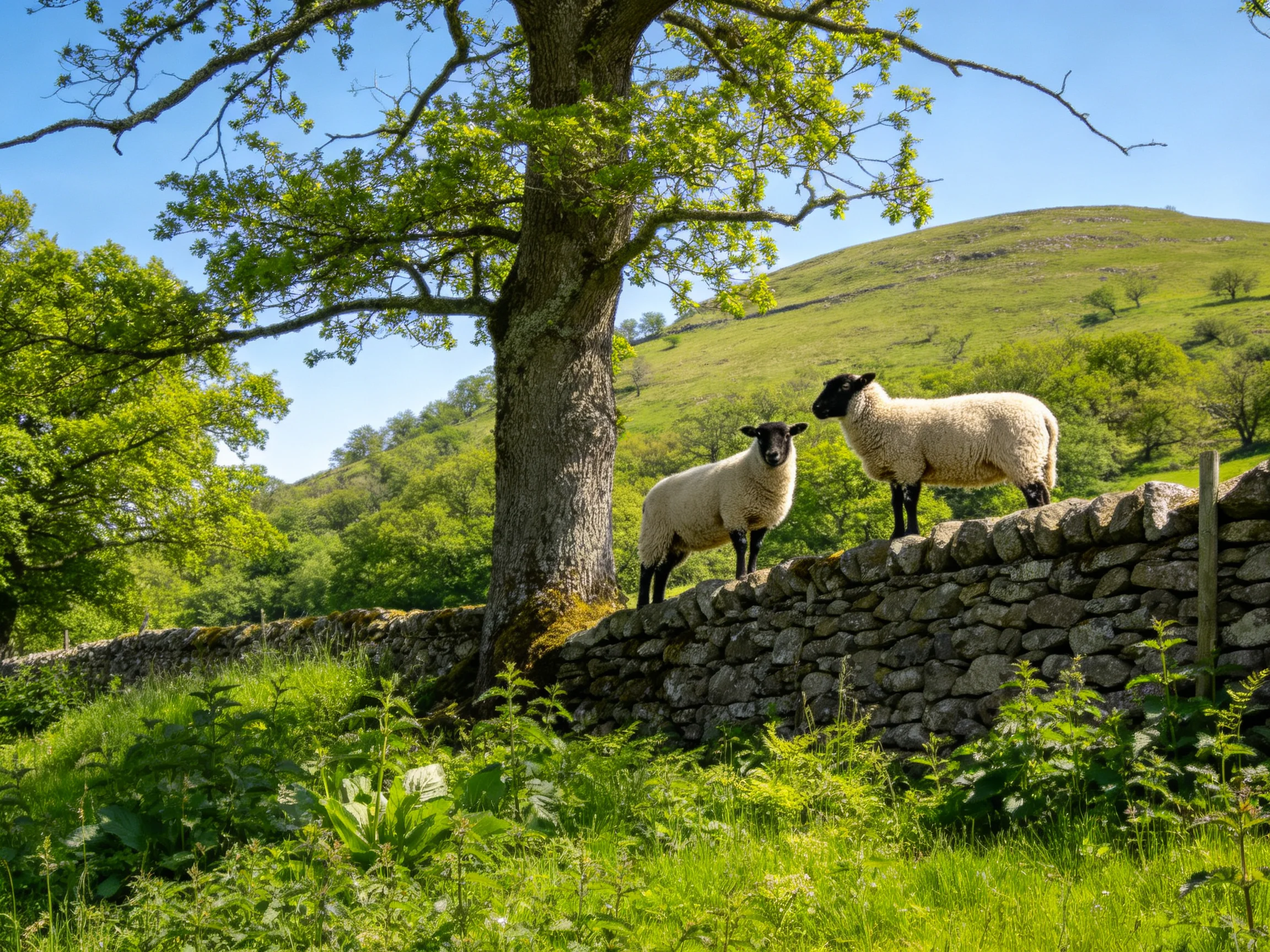 Two sheep atop a stone wall near a large oak tree in a lush green landscape