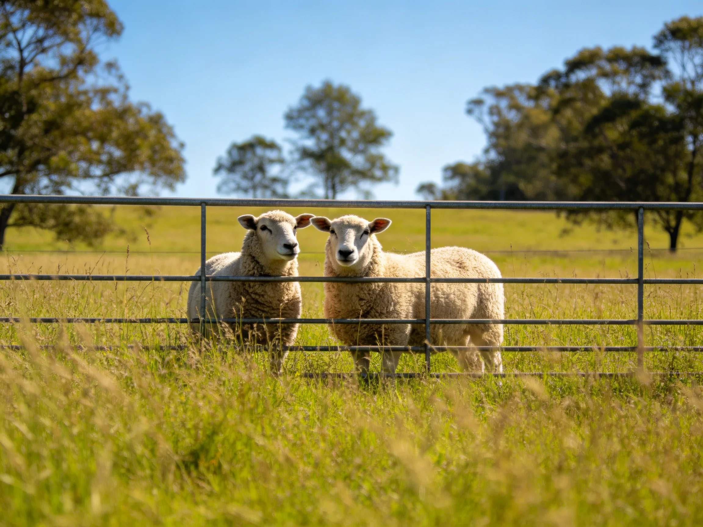 Two sheep behind a metal fence in a sunny pasture