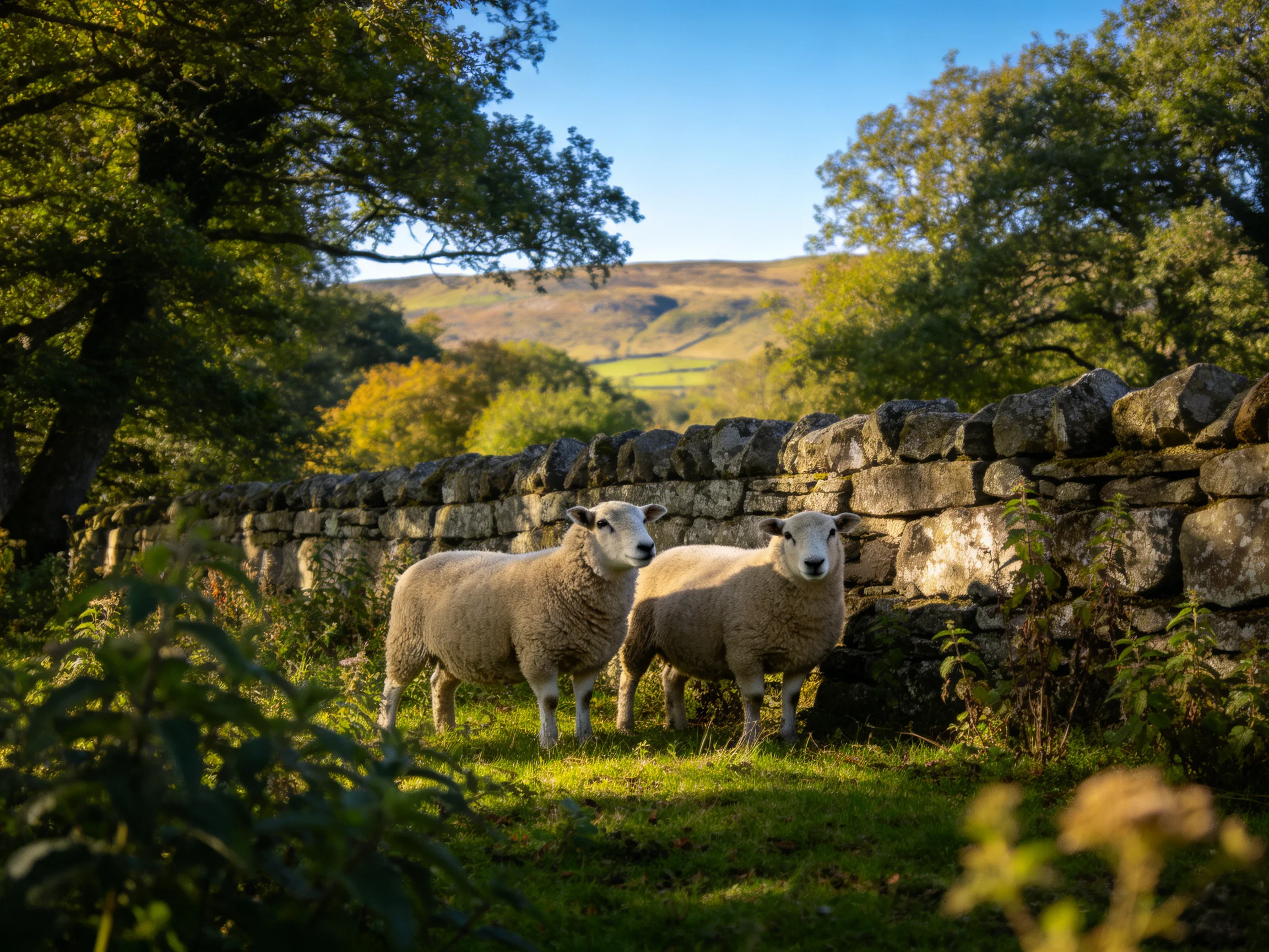 Two sheep beside an old stone wall in a lush countryside