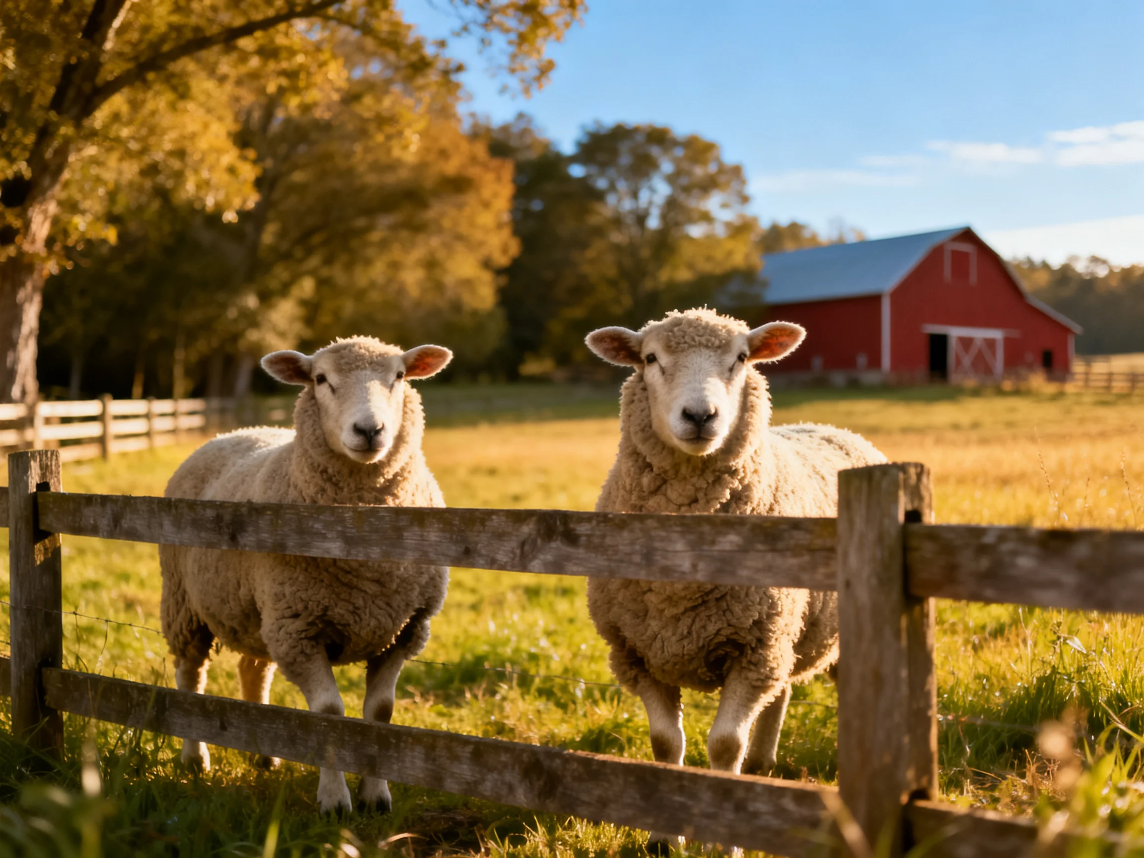Two sheep by a weathered fence with a red barn in an autumn field