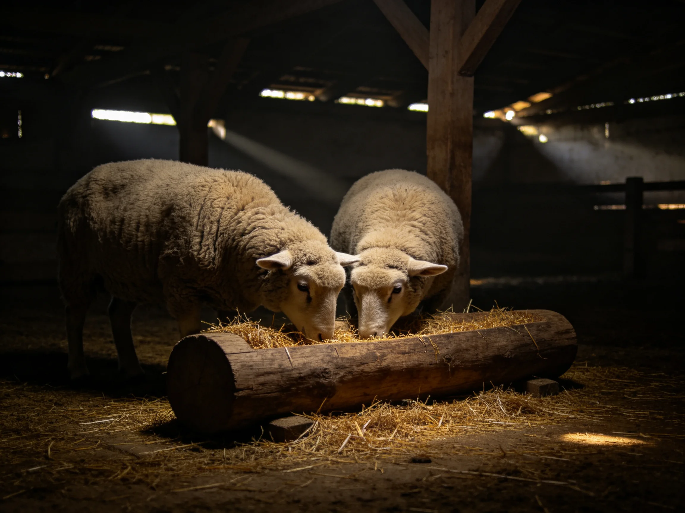 Two sheep eat hay from a wooden trough in a dim barn
