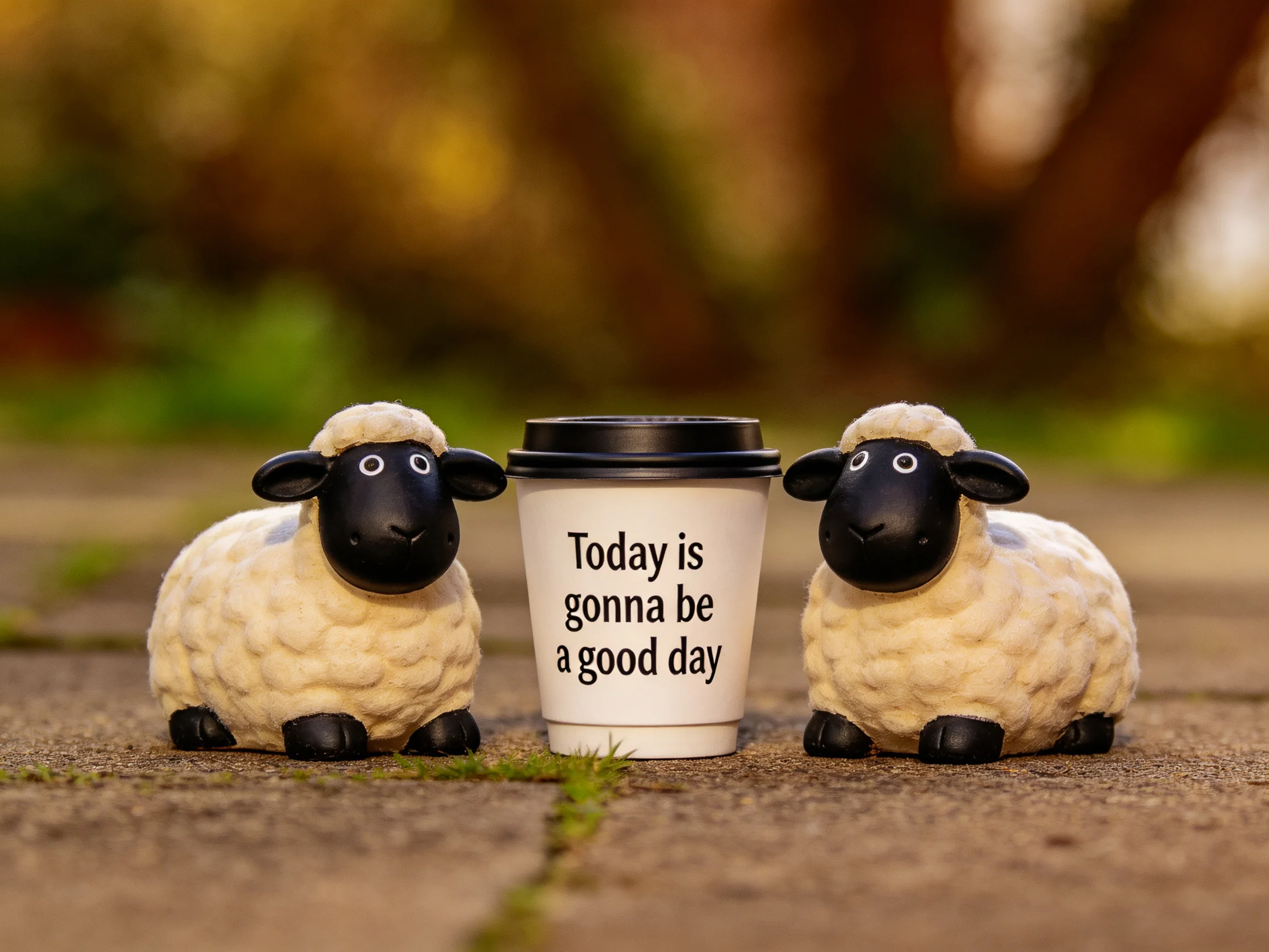 Two sheep figurines flank a coffee cup with an uplifting message