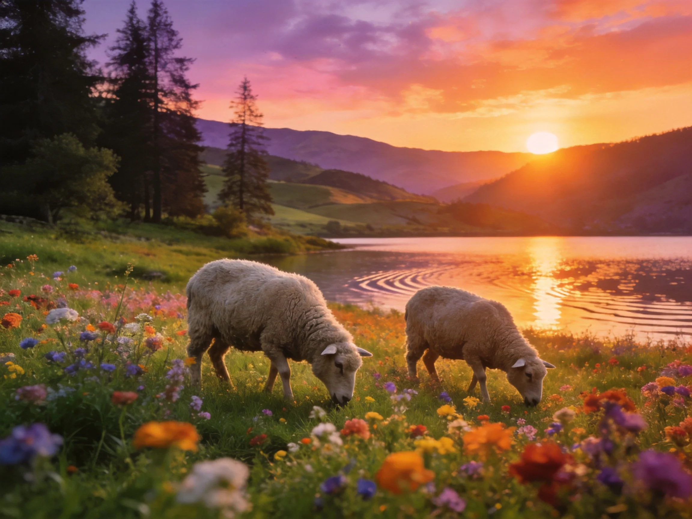 Two sheep graze amid colorful wildflowers by a serene lakeside at sunset