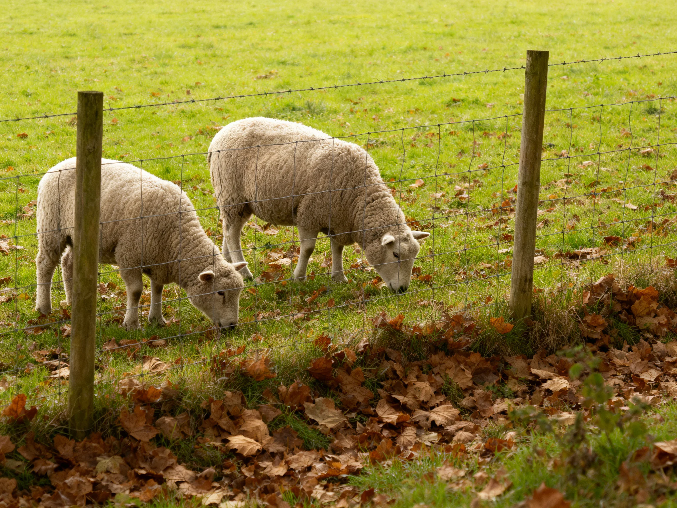 Two sheep graze beside a barbed-wire fence in an autumn pasture