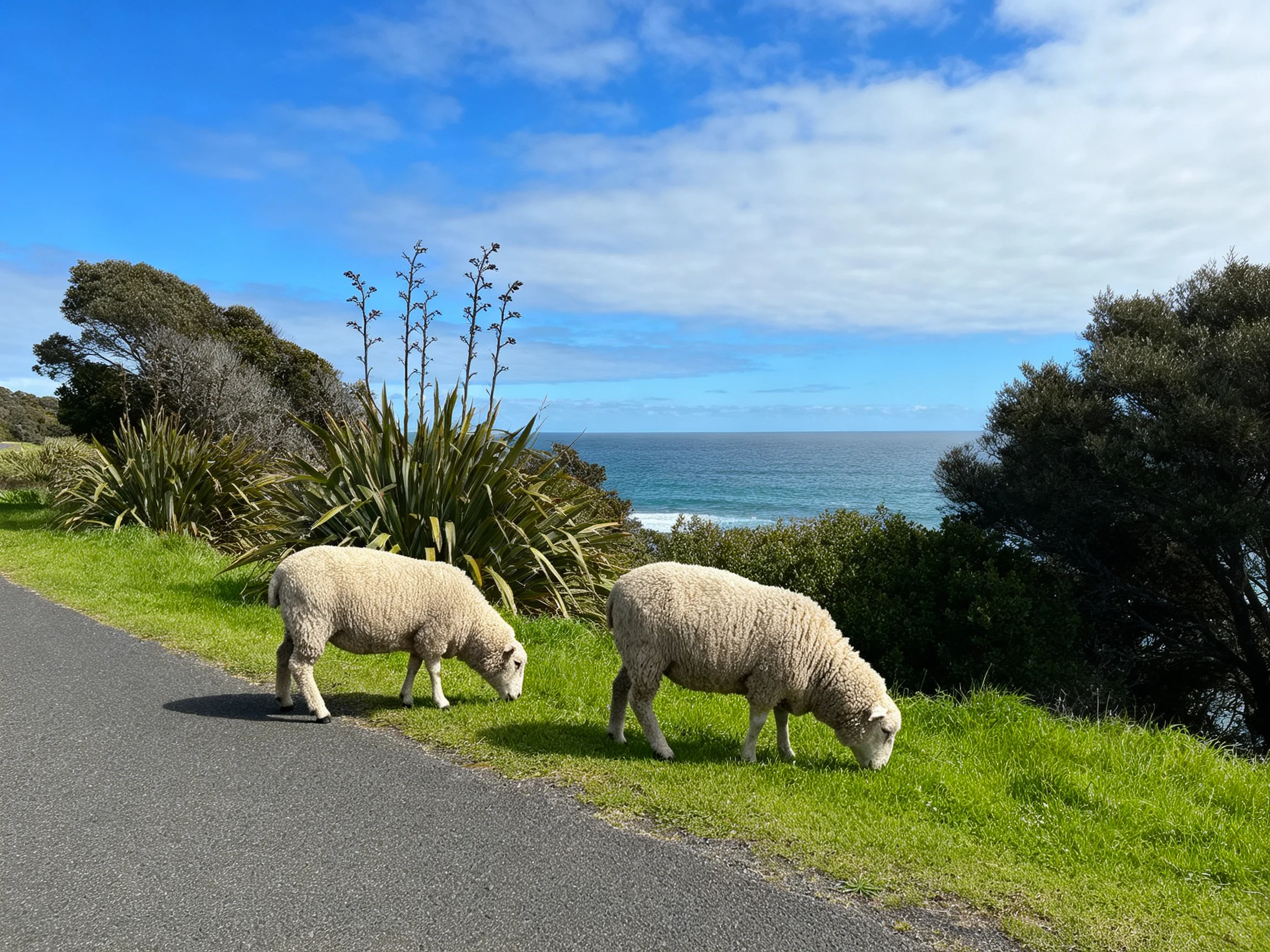 Two sheep graze beside a coastal road with ocean views