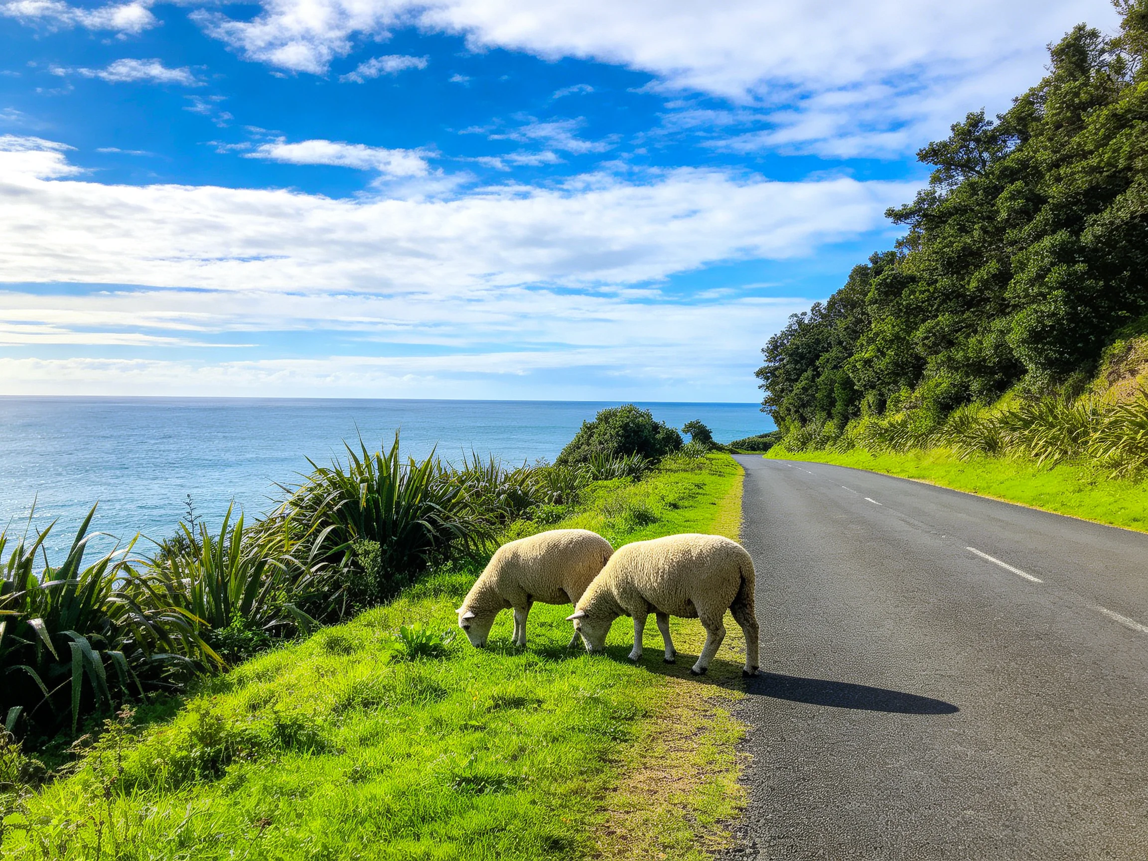 Two sheep graze beside coastal highway with ocean view