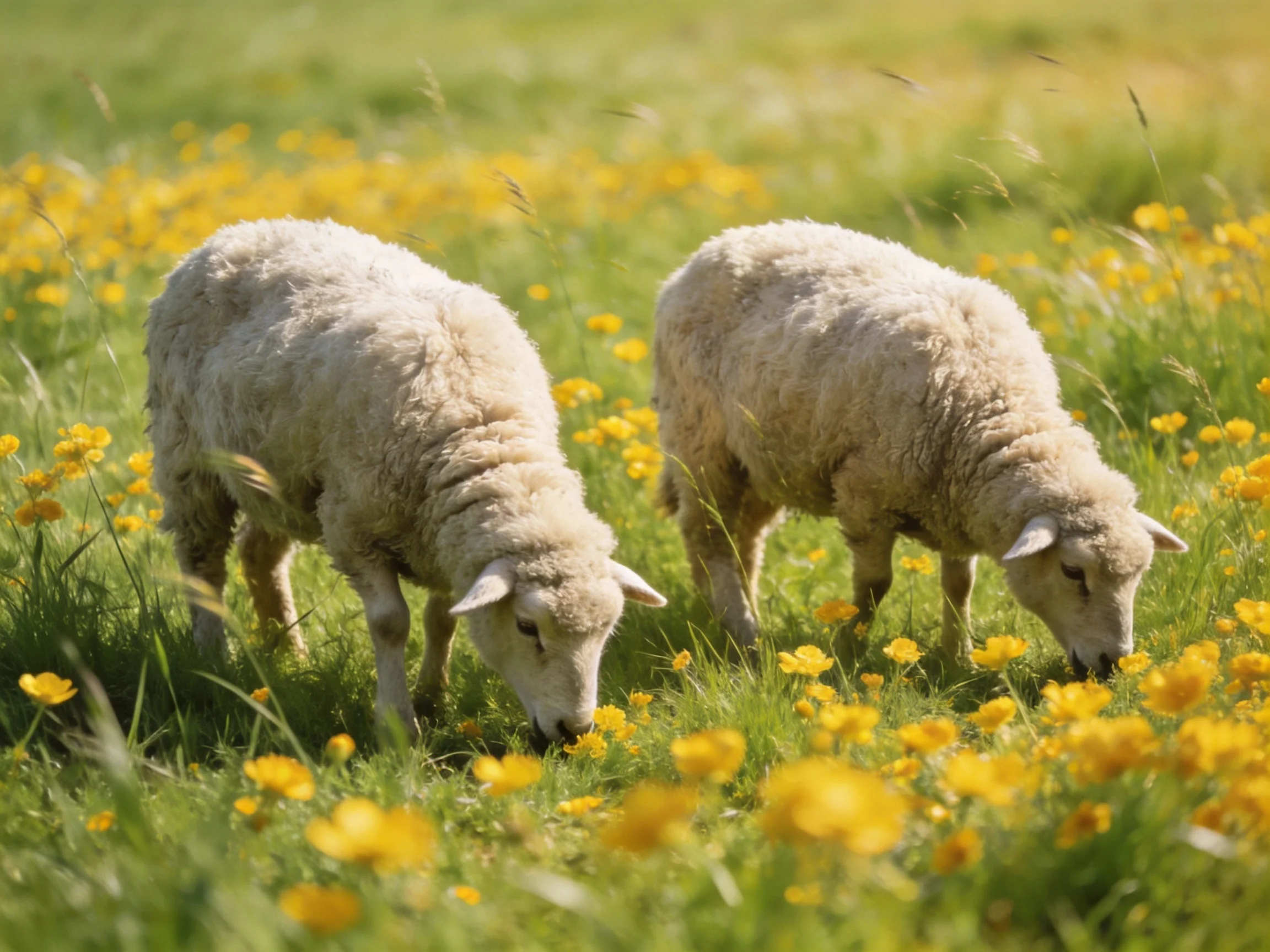 Two sheep graze in a field of yellow wildflowers