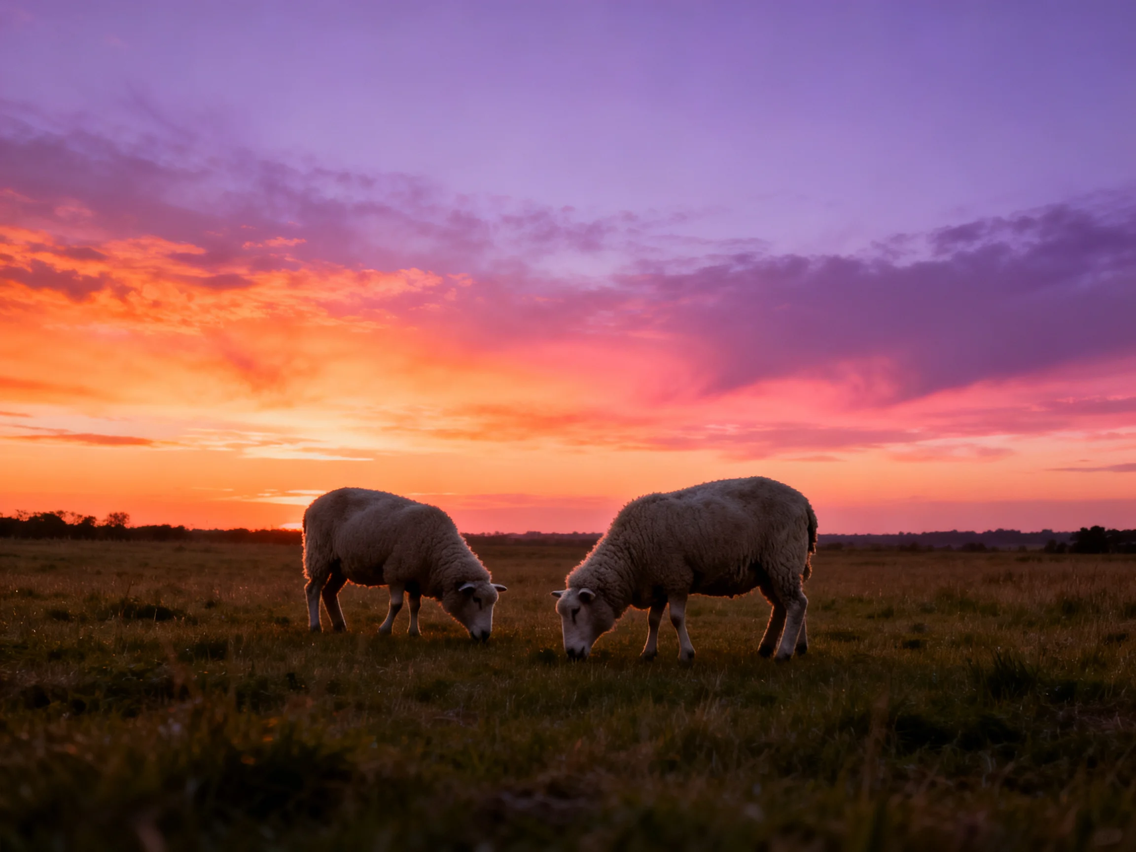 Two sheep graze in a field with a colorful sunset sky