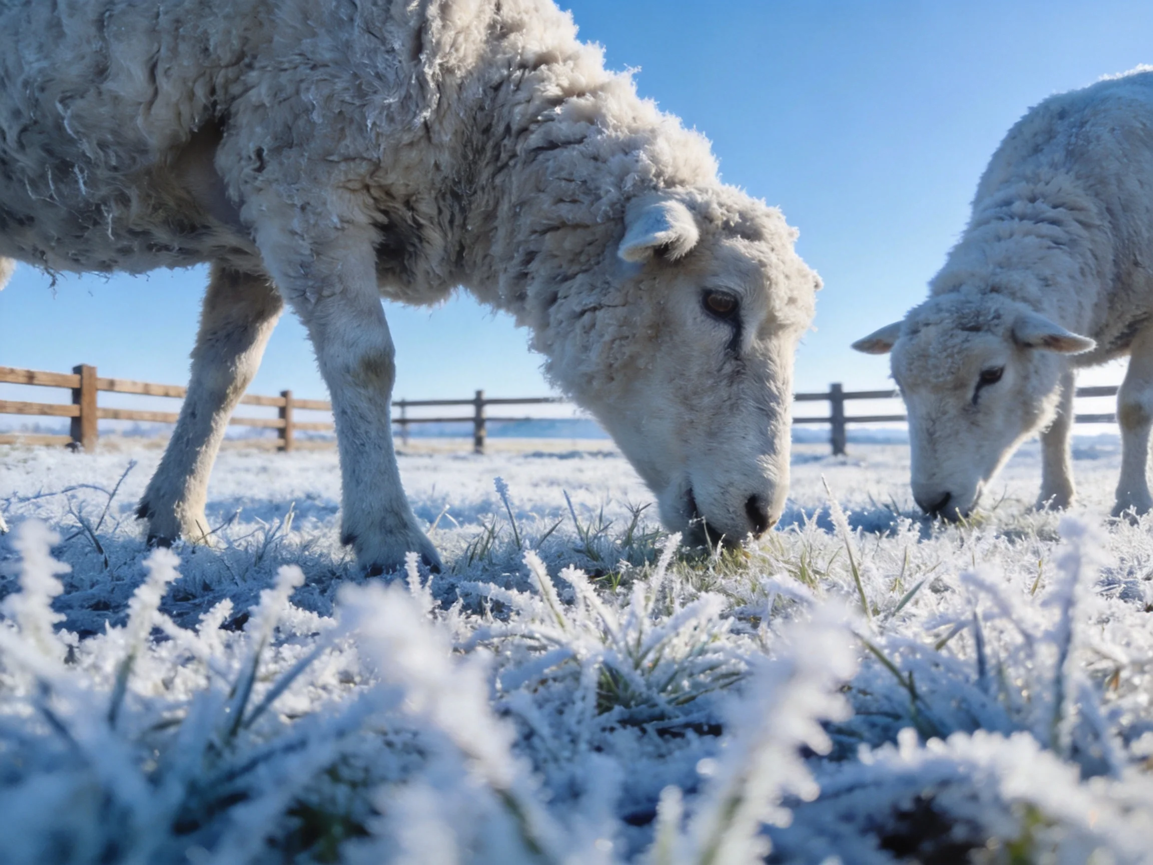 Two sheep graze in a frosty winter pasture with wooden fencing