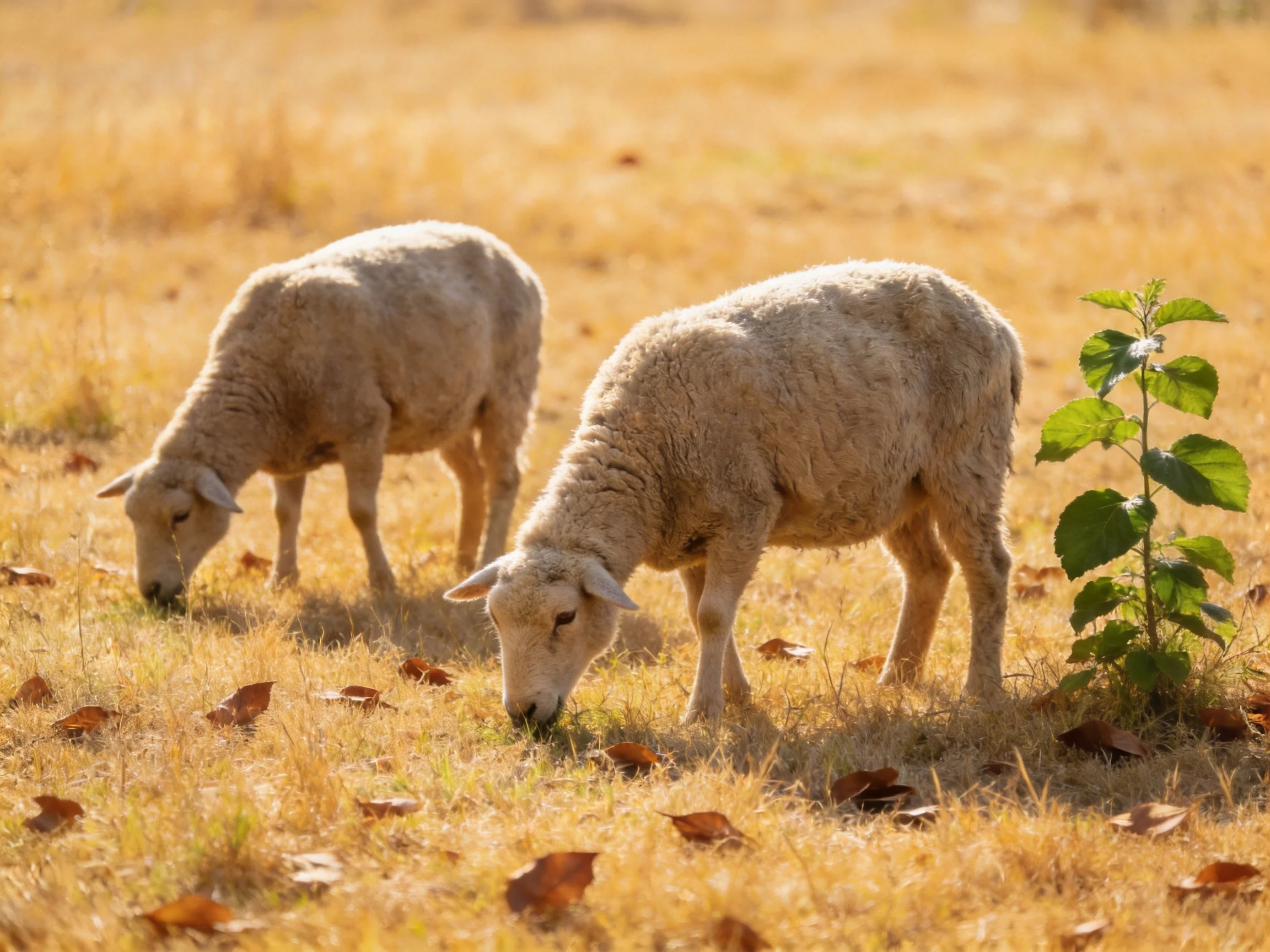 Two sheep graze in a golden field with dry grass and a green plant