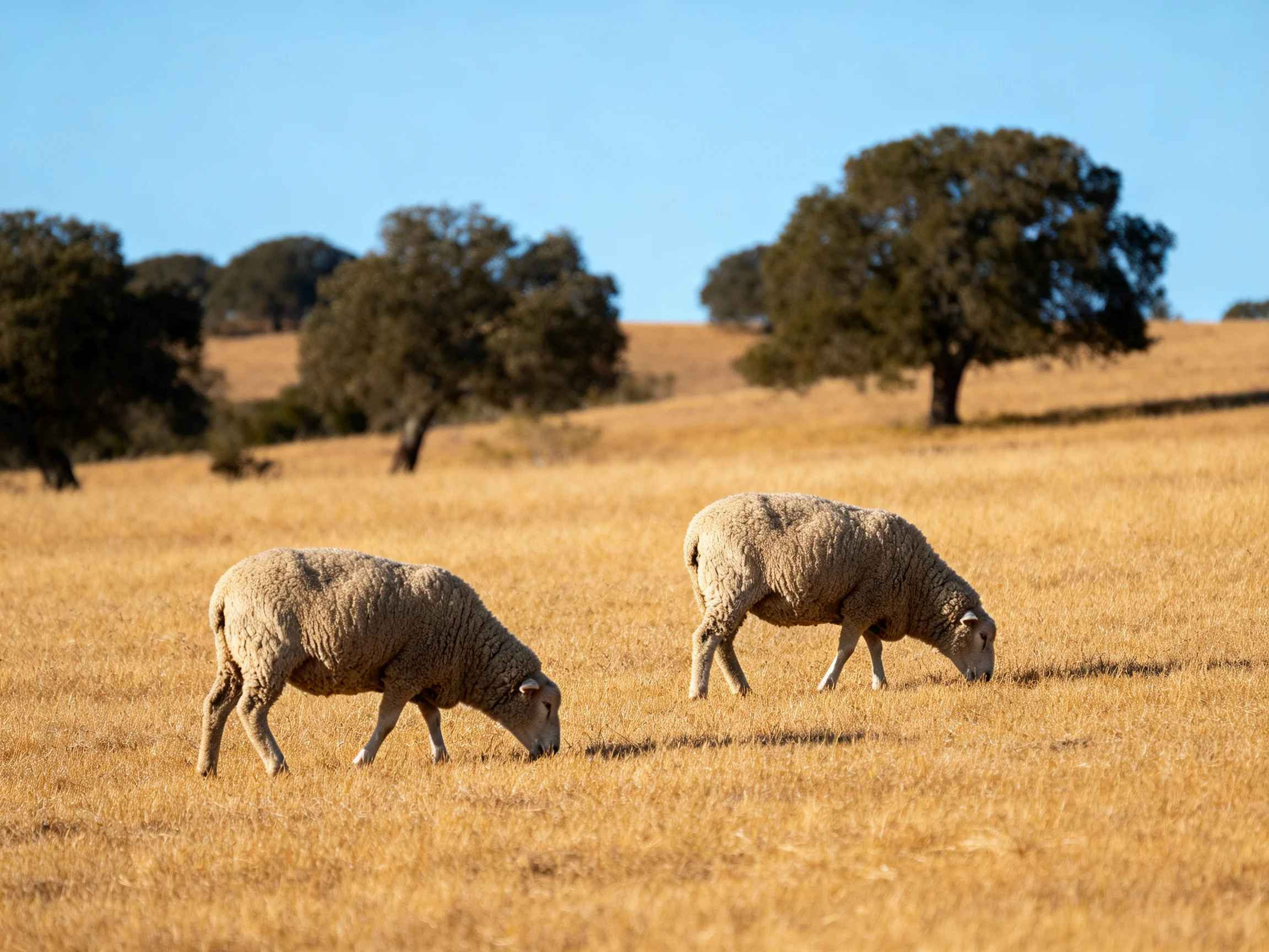 Two sheep graze in a golden field with scattered trees