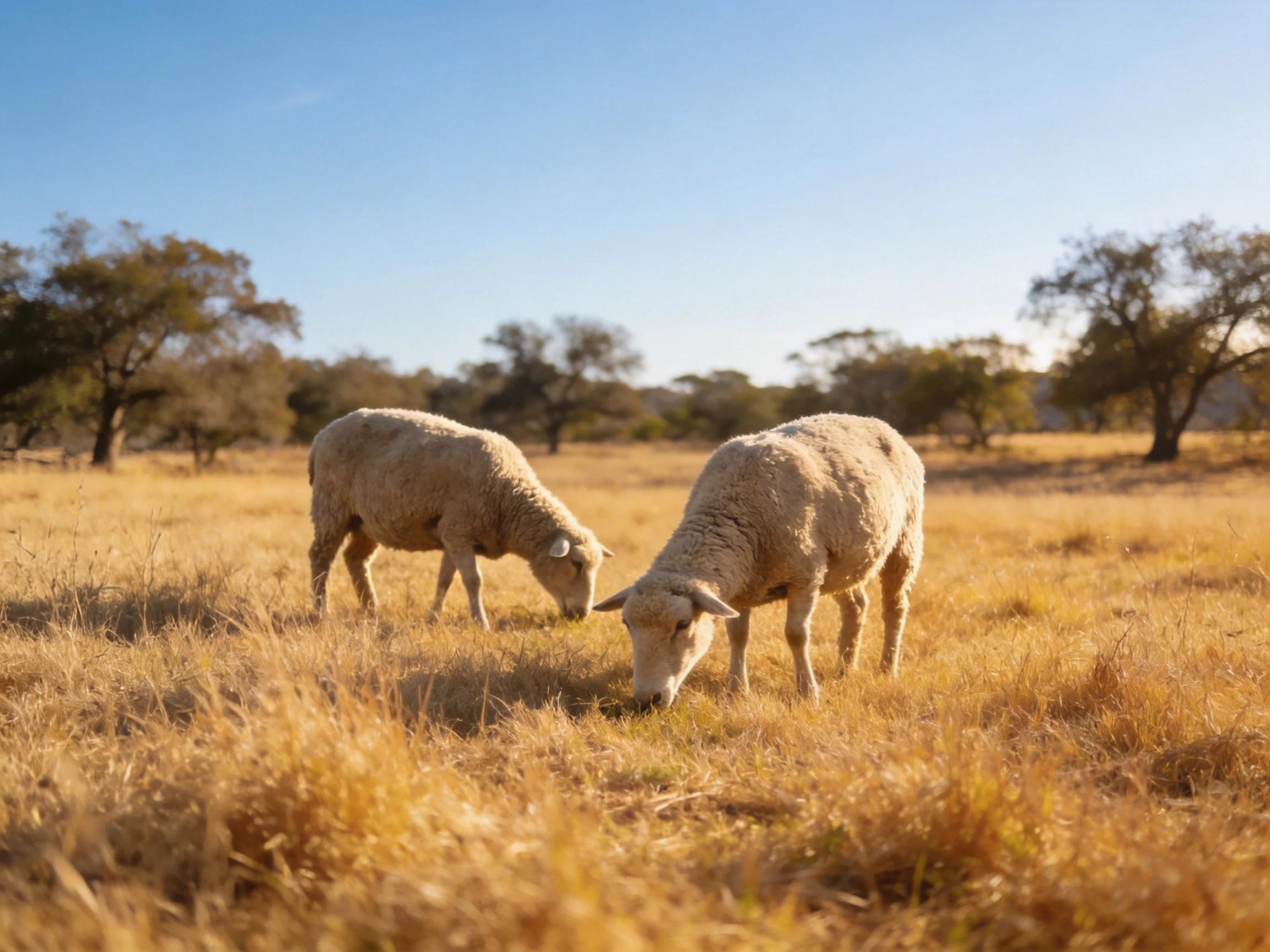 Two sheep graze in a golden field with scattered trees