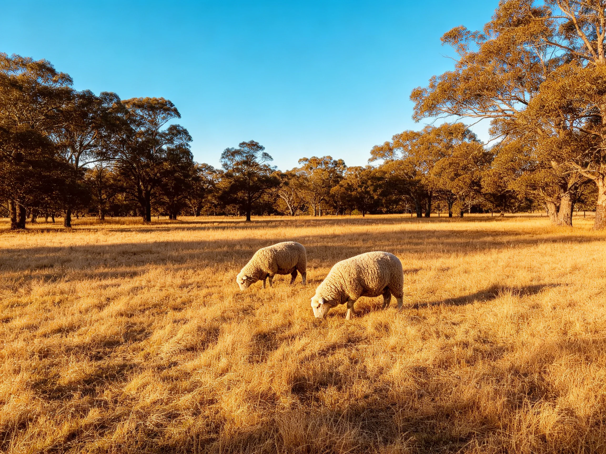 Two sheep graze in a golden field with tall eucalyptus trees