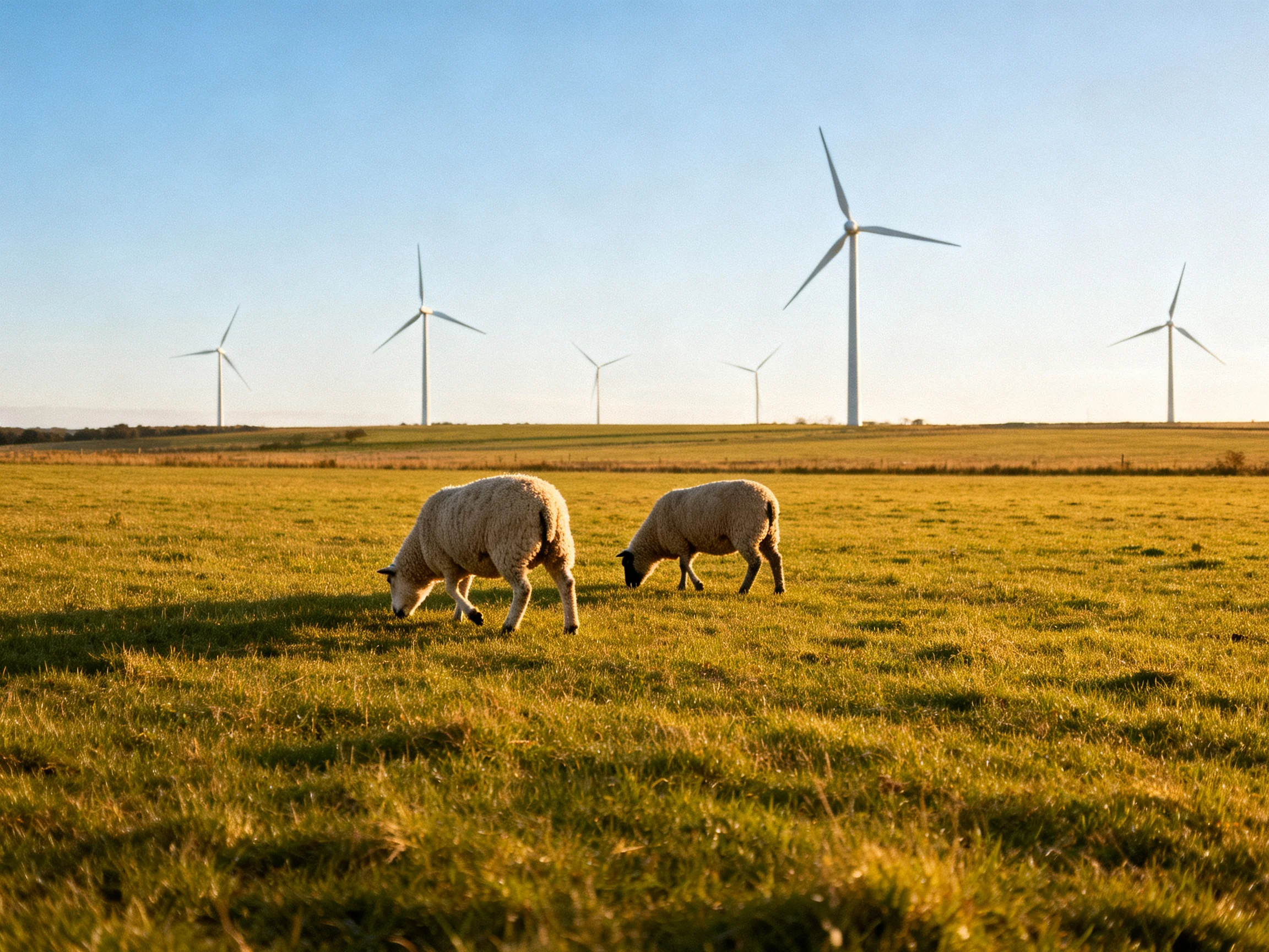 Two sheep graze in a sunlit field with multiple wind turbines in the distance.