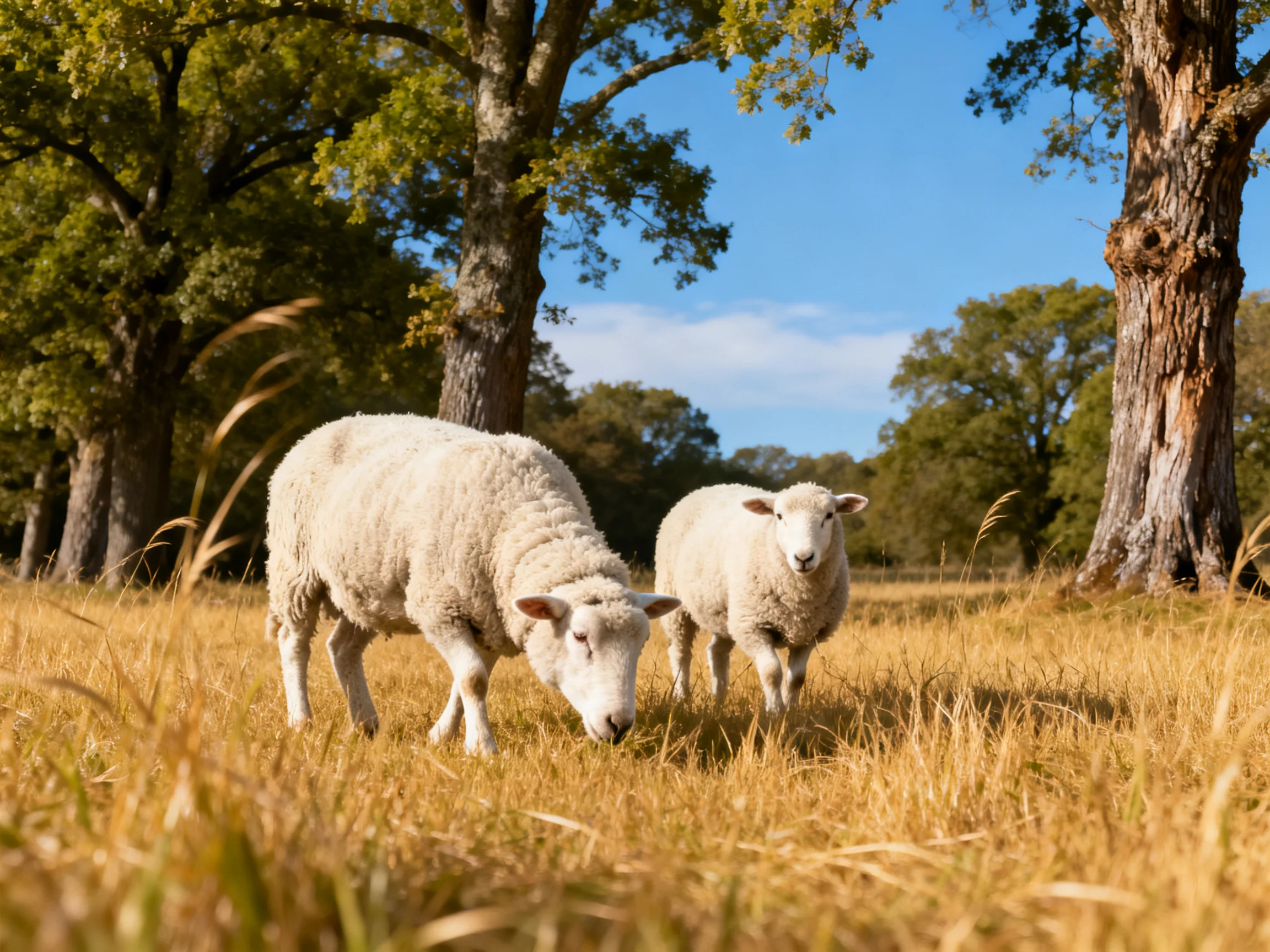 Two sheep graze in a golden grassy field with mature trees
