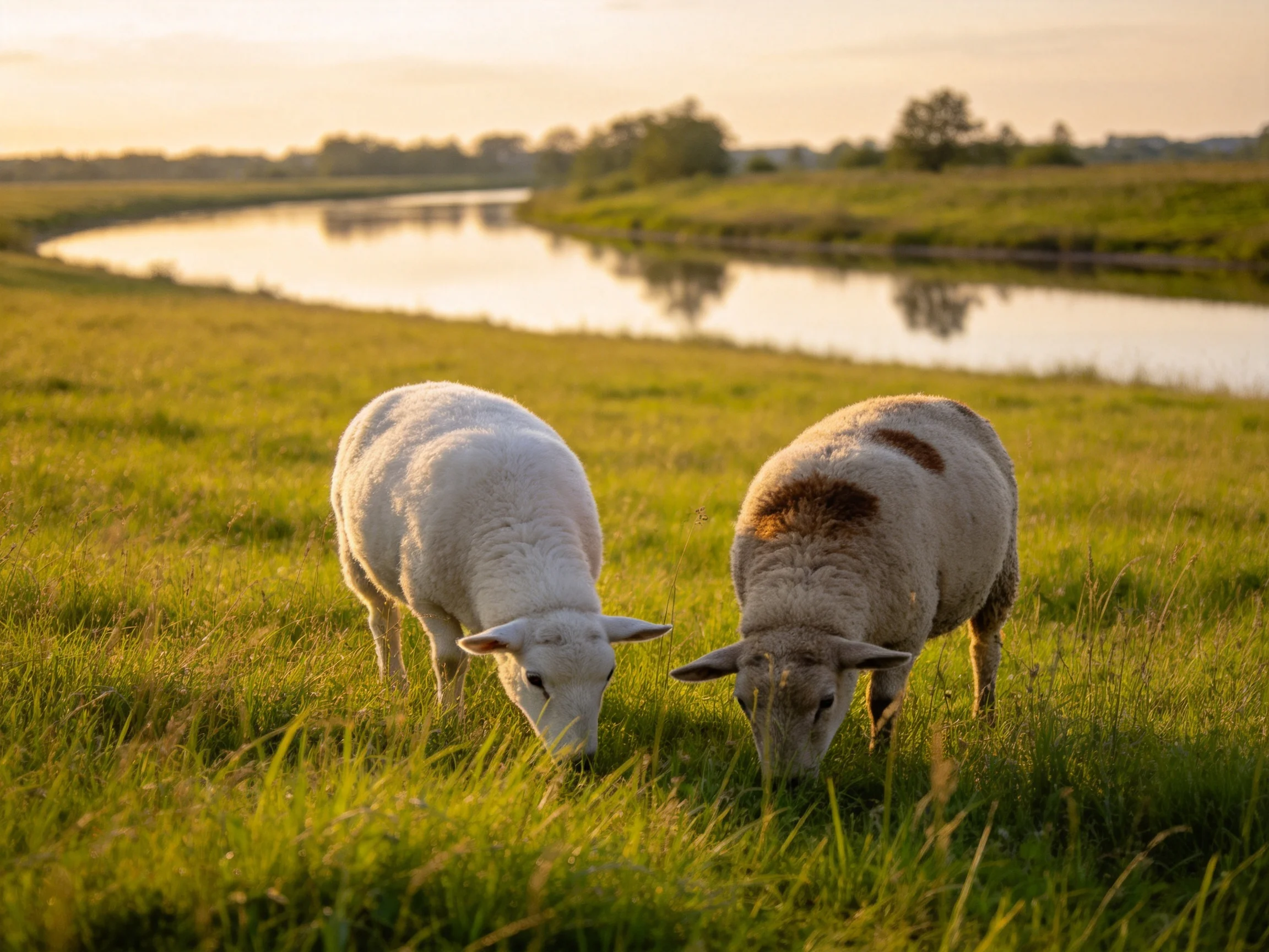 Two sheep graze in a golden meadow by a winding river